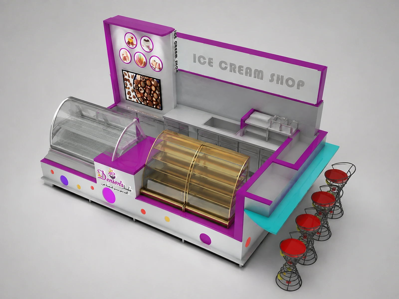 Mall Wall Corner Kiosk Lease Ice Cream Kiosk Shop Design Colorful Display Ideas — elevated layout view