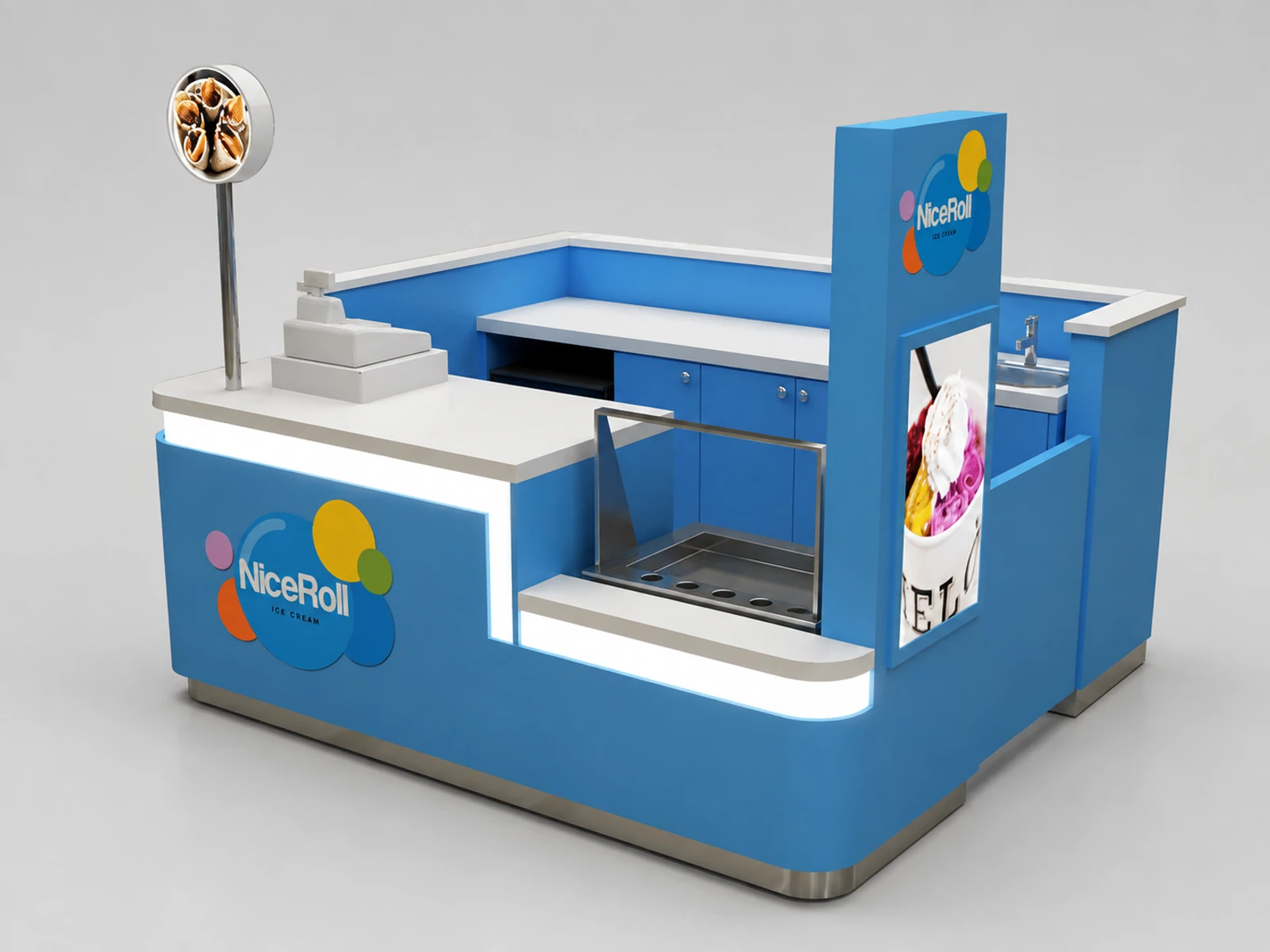 Mini ice cream roll kiosk soft ice cream booth used in shopping center — overall kiosk design