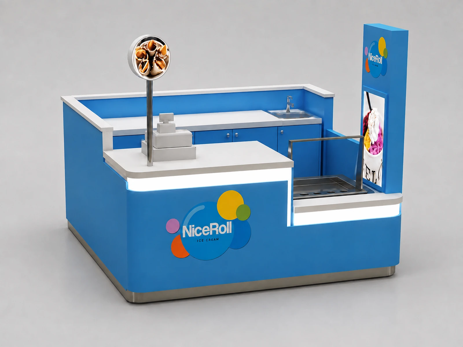 Mini ice cream roll kiosk soft ice cream booth used in shopping center — alternate counter perspective