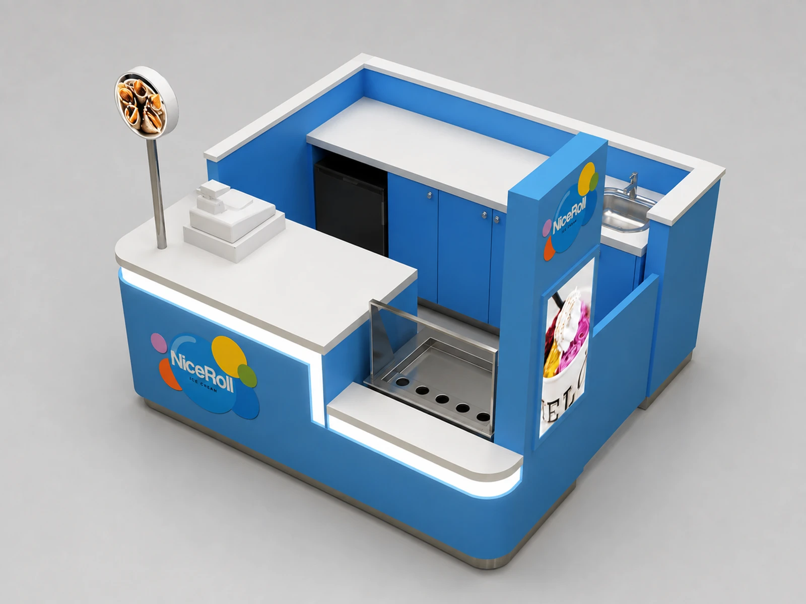 Mini ice cream roll kiosk soft ice cream booth used in shopping center — elevated layout view