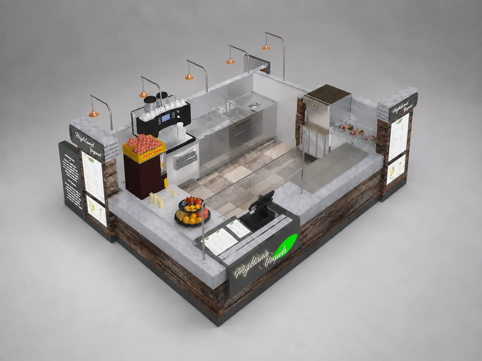 Modern Bubble Tea Kiosk Mall Juice Bar Ice Cream Bar For Sale — elevated layout view