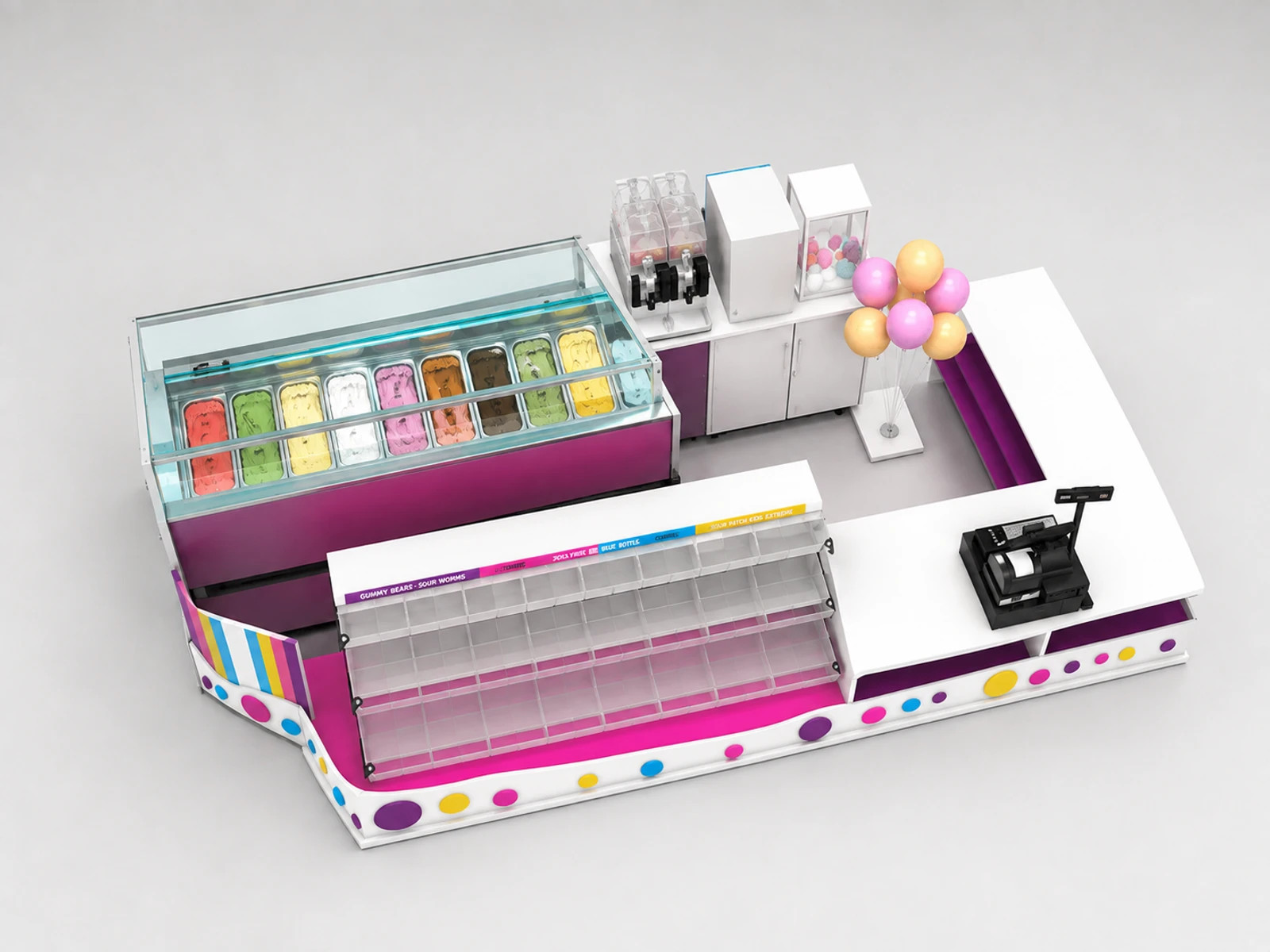 Most Popular Ice Cream & Candies Display Kiosk Use In Shopping Mall — elevated layout view