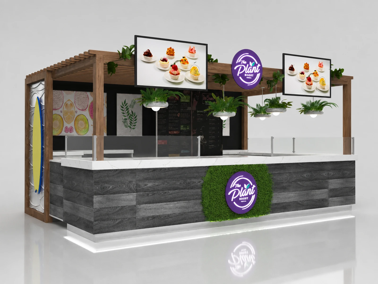 Natural Food Kiosk Boba Drink Booth Design Custom Cake Food Snack Display Mall — overall kiosk design