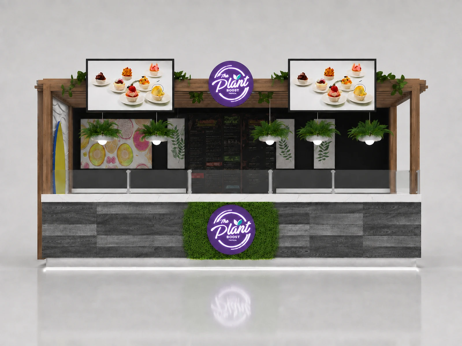 Natural Food Kiosk Boba Drink Booth Design Custom Cake Food Snack Display Mall — additional service-side perspective