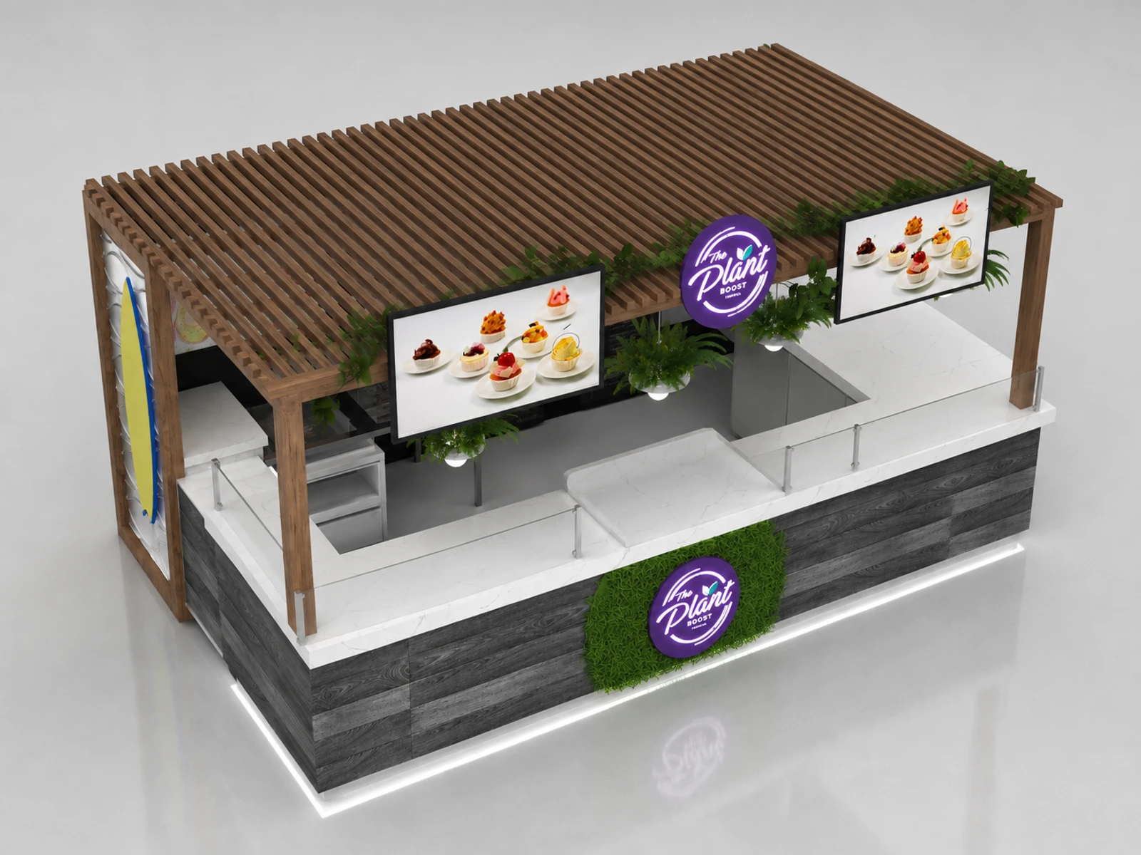 Natural Food Kiosk Boba Drink Booth Design Custom Cake Food Snack Display Mall — elevated layout view
