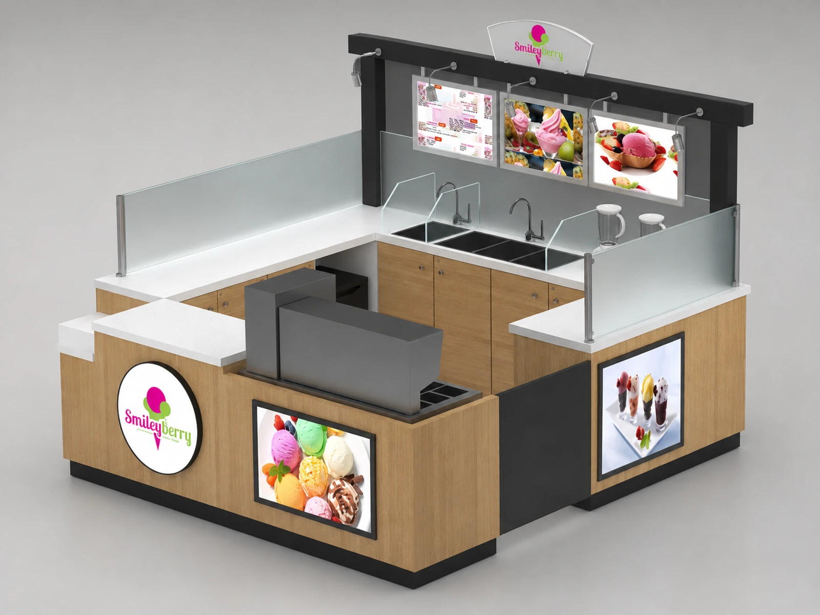 Natural Ice Cream Snowball Counter Custom Gelato Display Bar Retail Mall Snack Kiosk — overall kiosk design