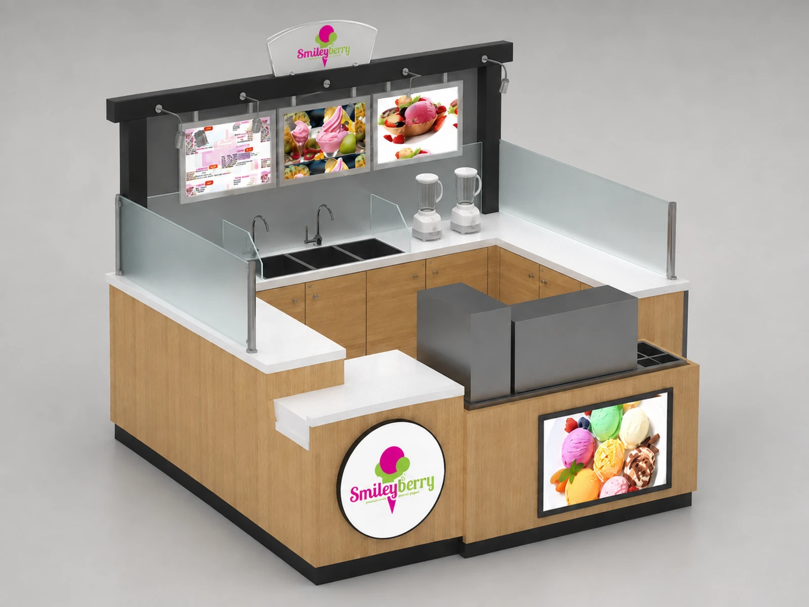 Natural Ice Cream Snowball Counter Custom Gelato Display Bar Retail Mall Snack Kiosk — alternate counter perspective