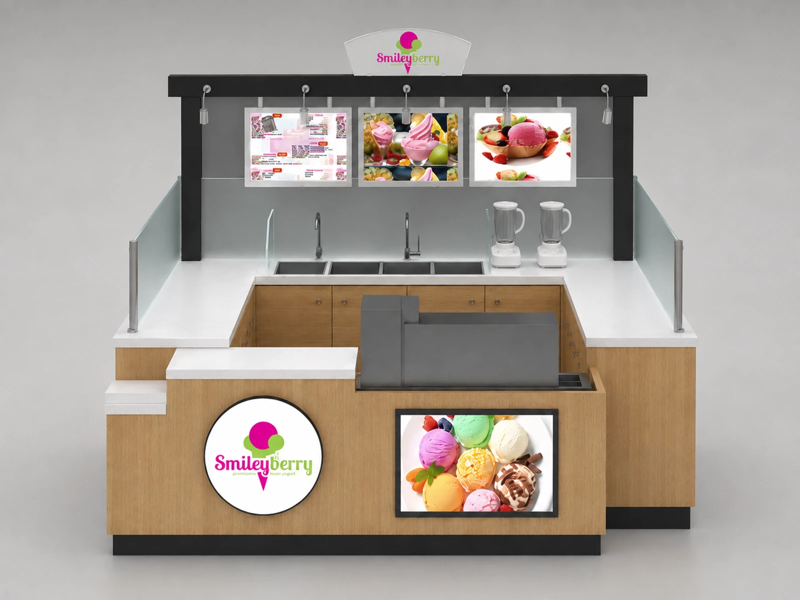 Natural Ice Cream Snowball Counter Custom Gelato Display Bar Retail Mall Snack Kiosk — additional service-side perspective