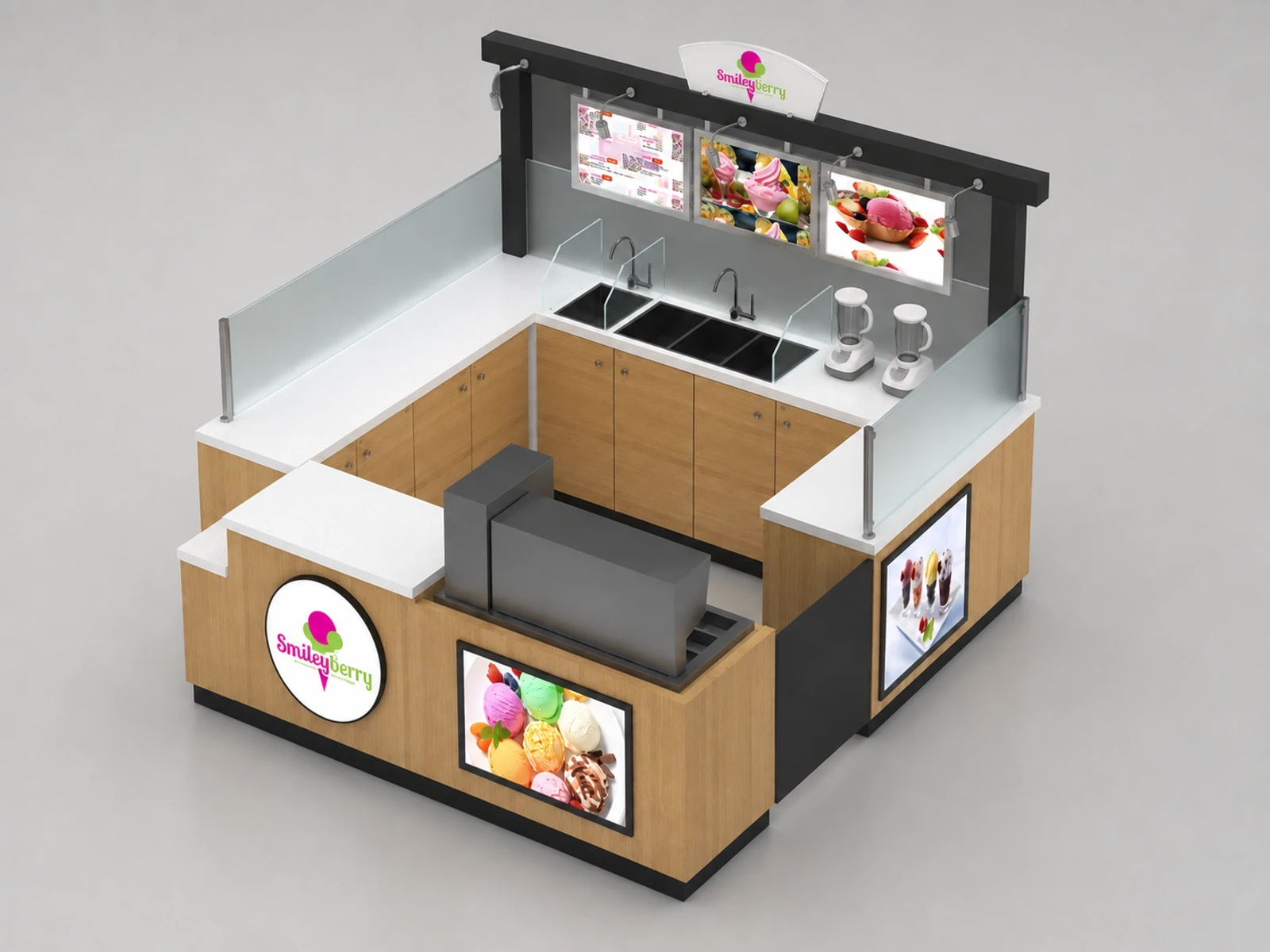 Natural Ice Cream Snowball Counter Custom Gelato Display Bar Retail Mall Snack Kiosk — elevated layout view