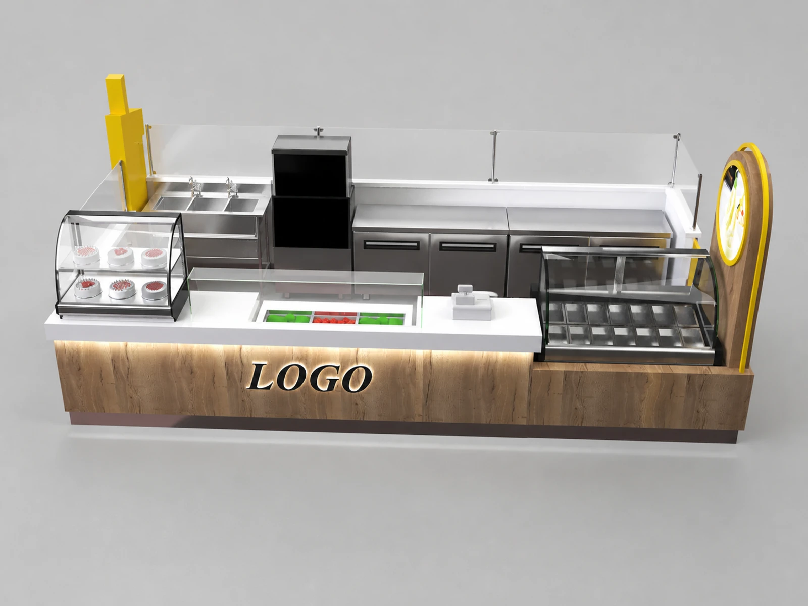 Natural Smoothie Kiosk Mall Fresh Food Bar Counter 3D Snack Display Counter — overall kiosk design