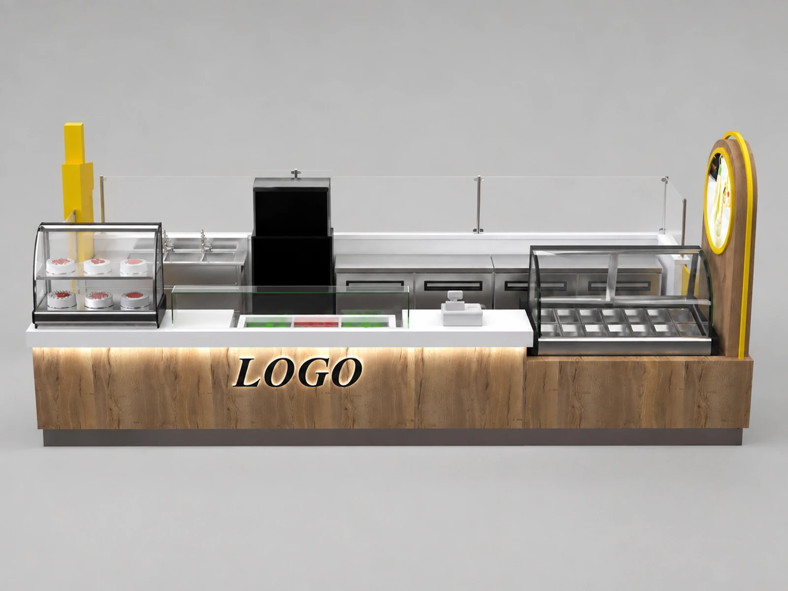 Natural Smoothie Kiosk Mall Fresh Food Bar Counter 3D Snack Display Counter — additional service-side perspective