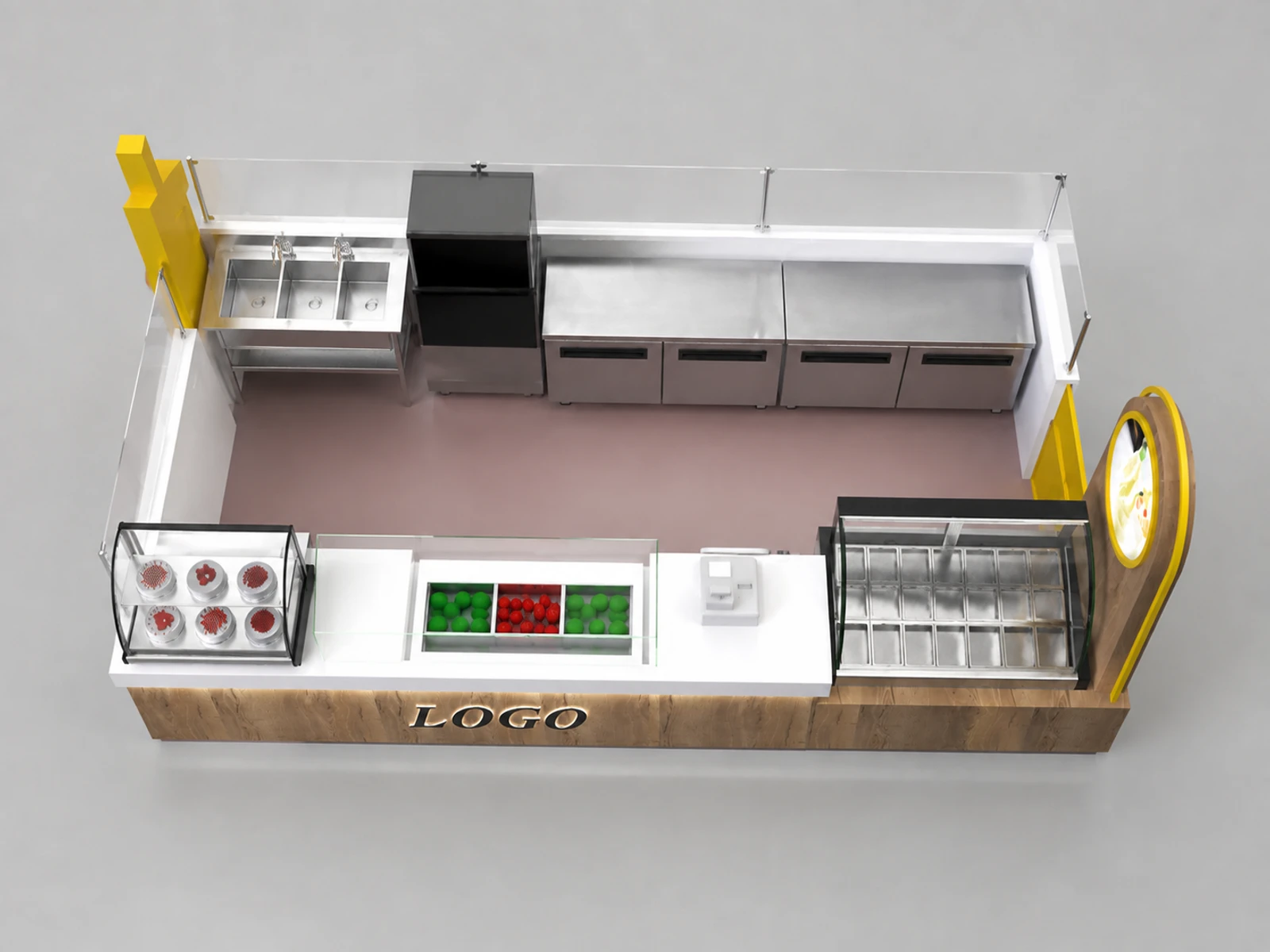 Natural Smoothie Kiosk Mall Fresh Food Bar Counter 3D Snack Display Counter — elevated layout view