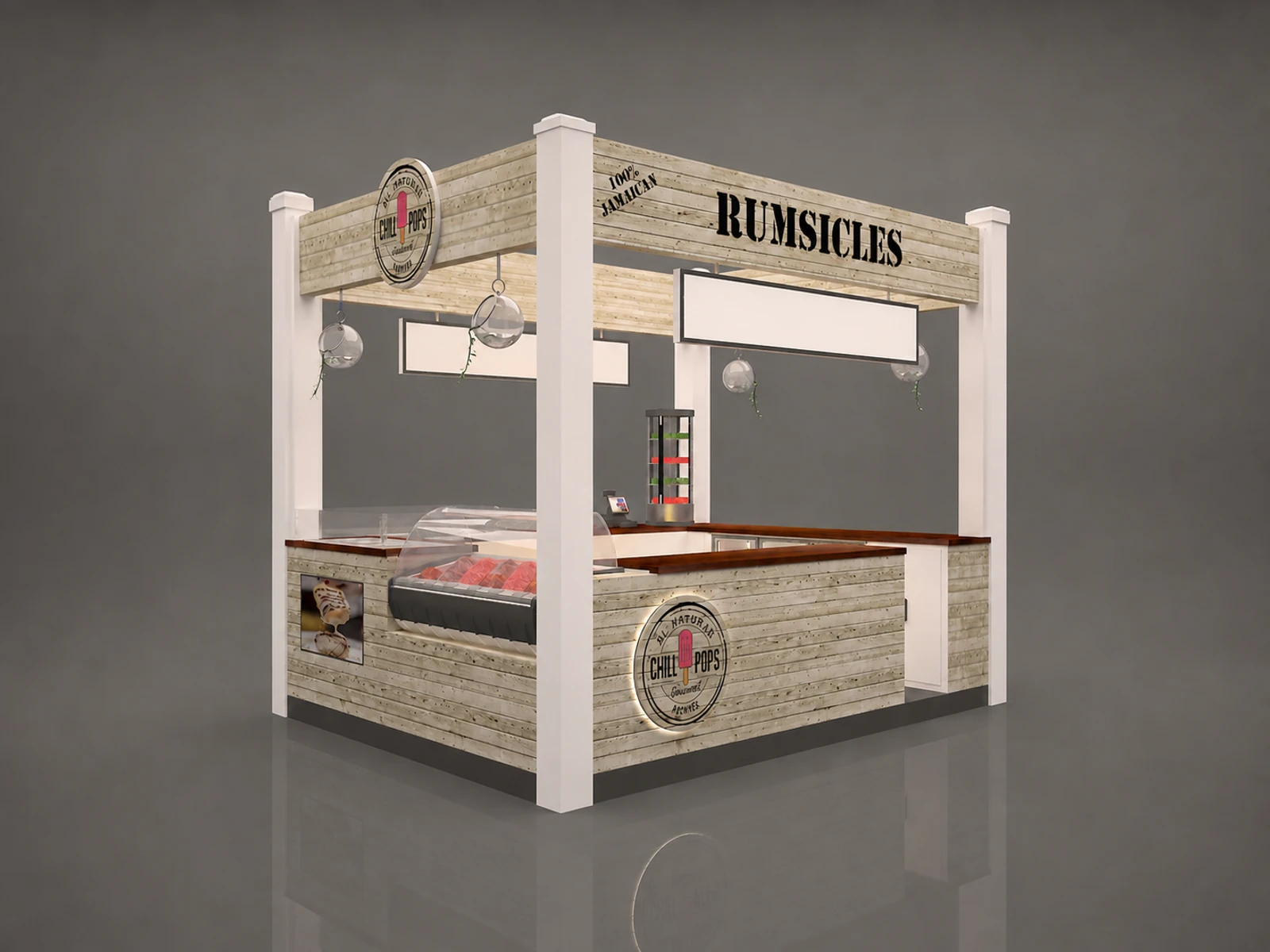 Natural wood popsicle display kiosk mall gelato booth design with factory price — overall kiosk design