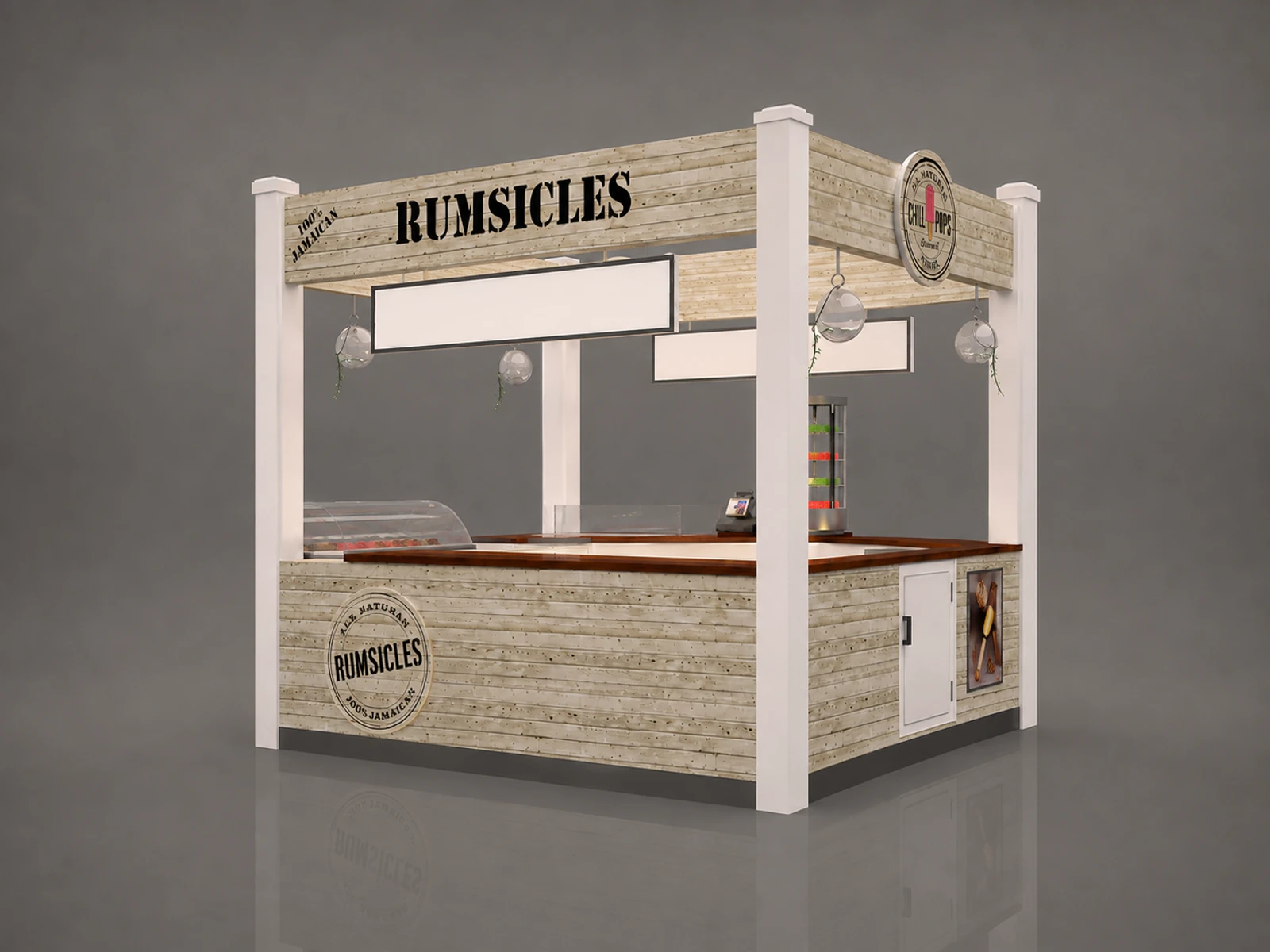 White ice cream display island with ribbed panels, gold-toned trim and glass showcases