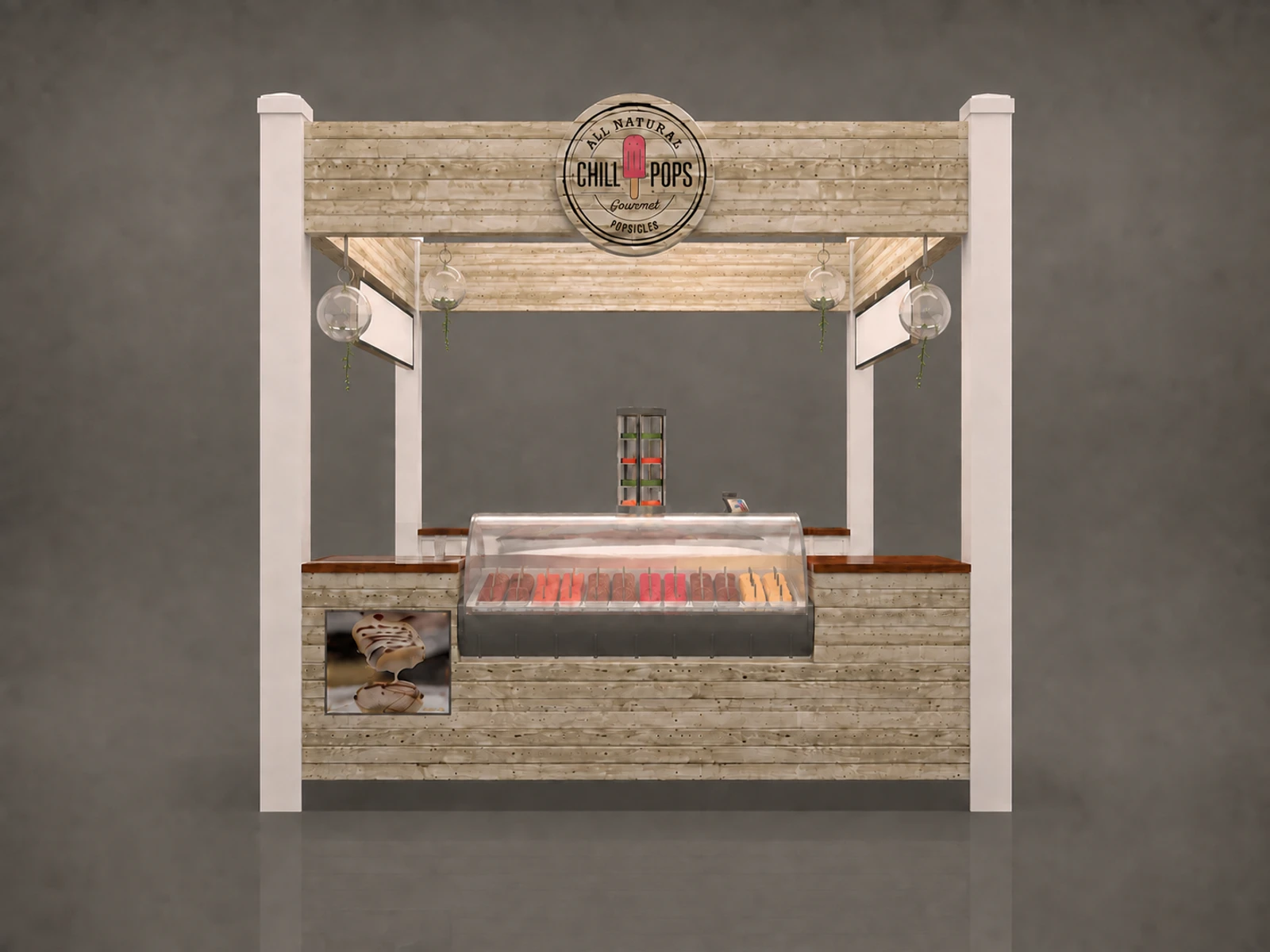 Natural wood popsicle display kiosk mall gelato booth design with factory price — additional service-side perspective