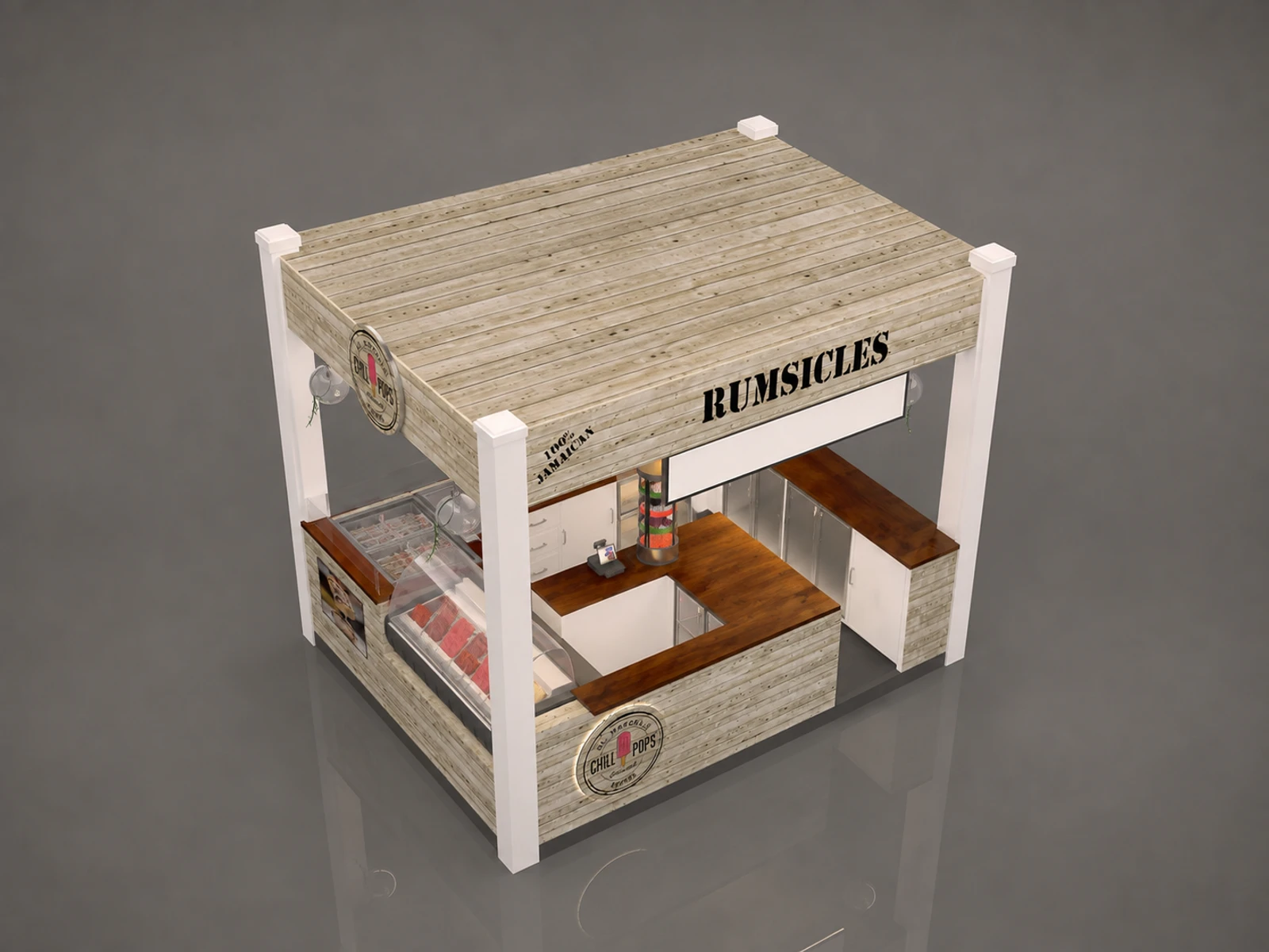 Natural wood popsicle display kiosk mall gelato booth design with factory price — elevated layout view