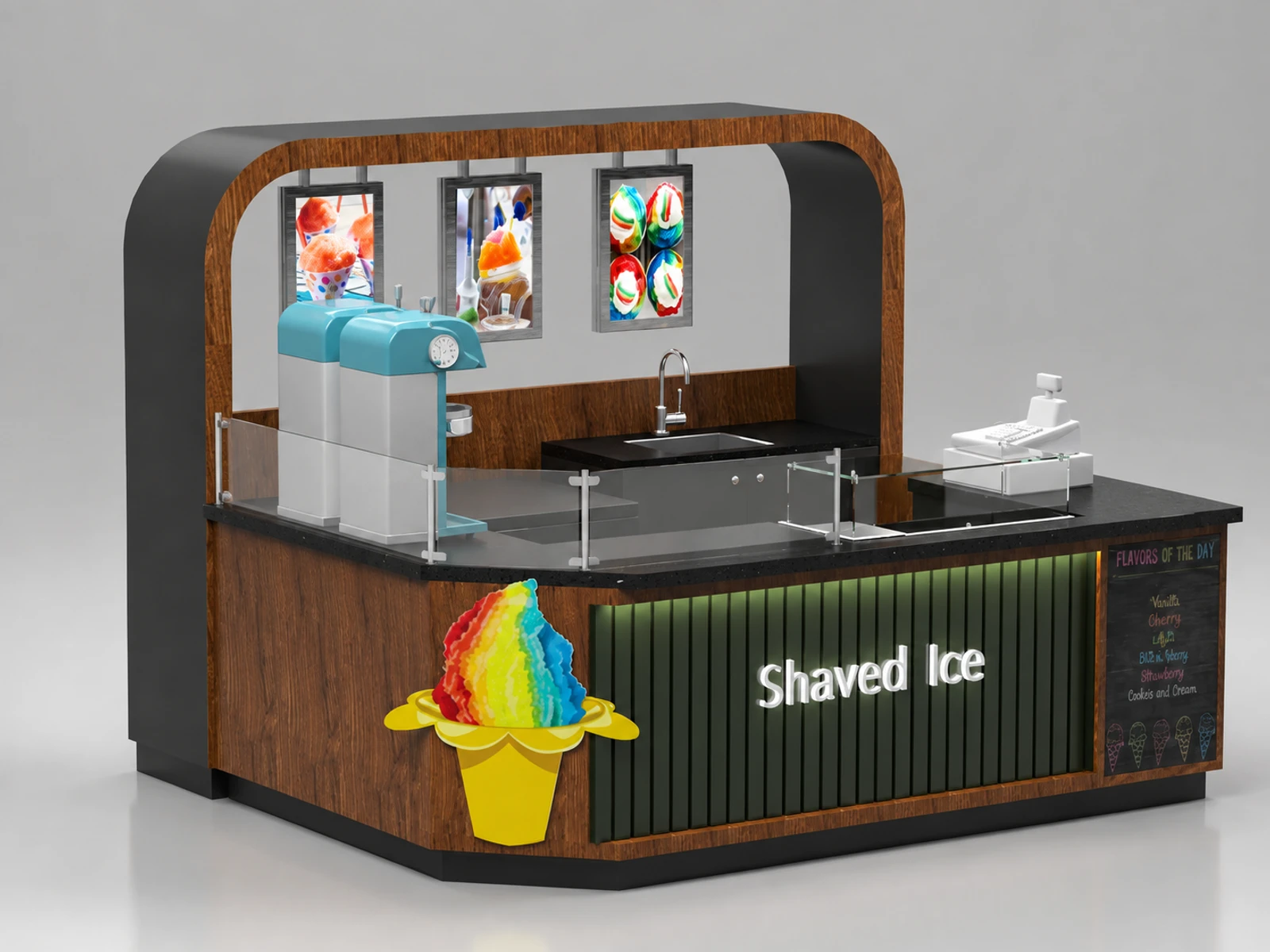 New arrival shaved ice cream kiosk smoothie booth opend in shopping center — overall kiosk design