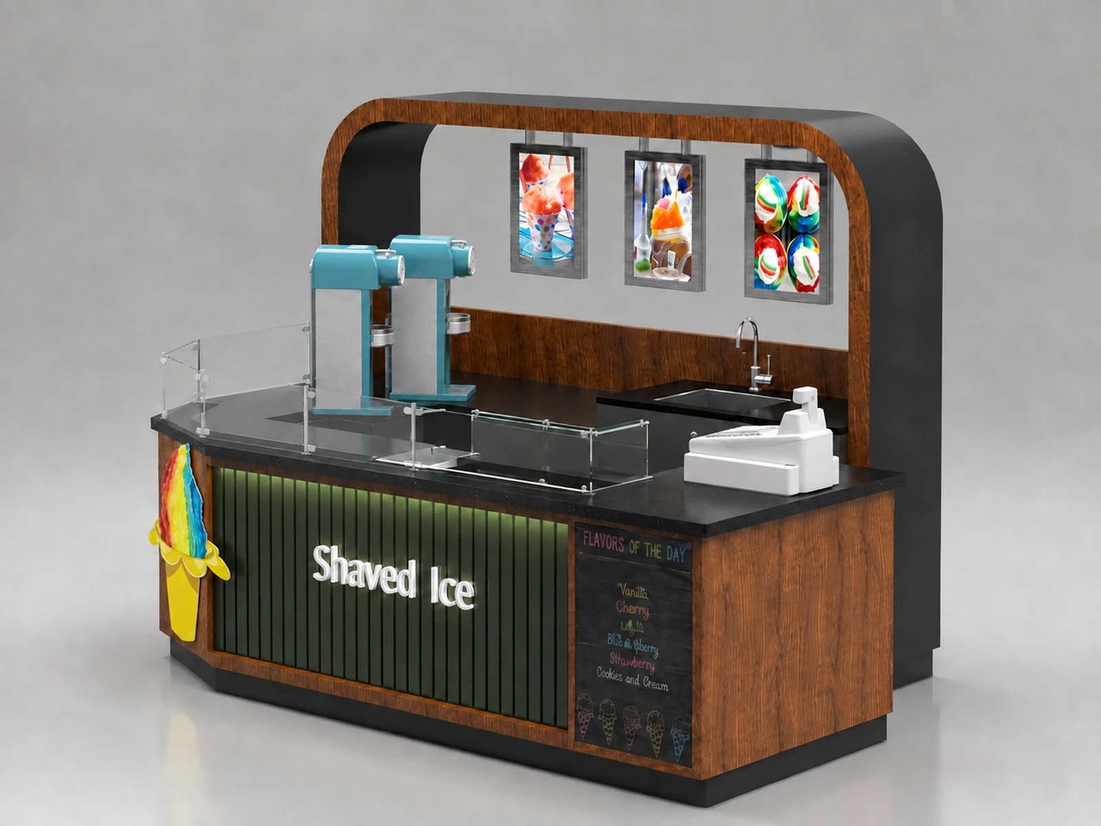 New arrival shaved ice cream kiosk smoothie booth opend in shopping center — alternate counter perspective