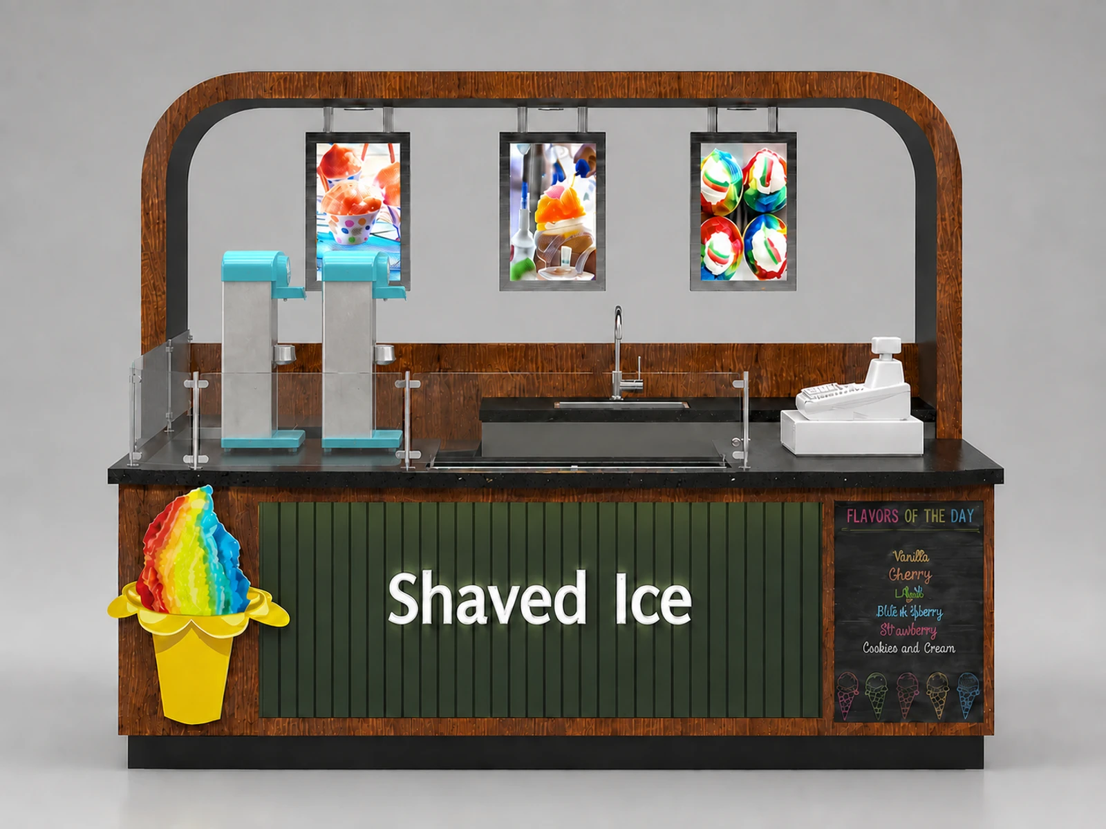 New arrival shaved ice cream kiosk smoothie booth opend in shopping center — additional service-side perspective