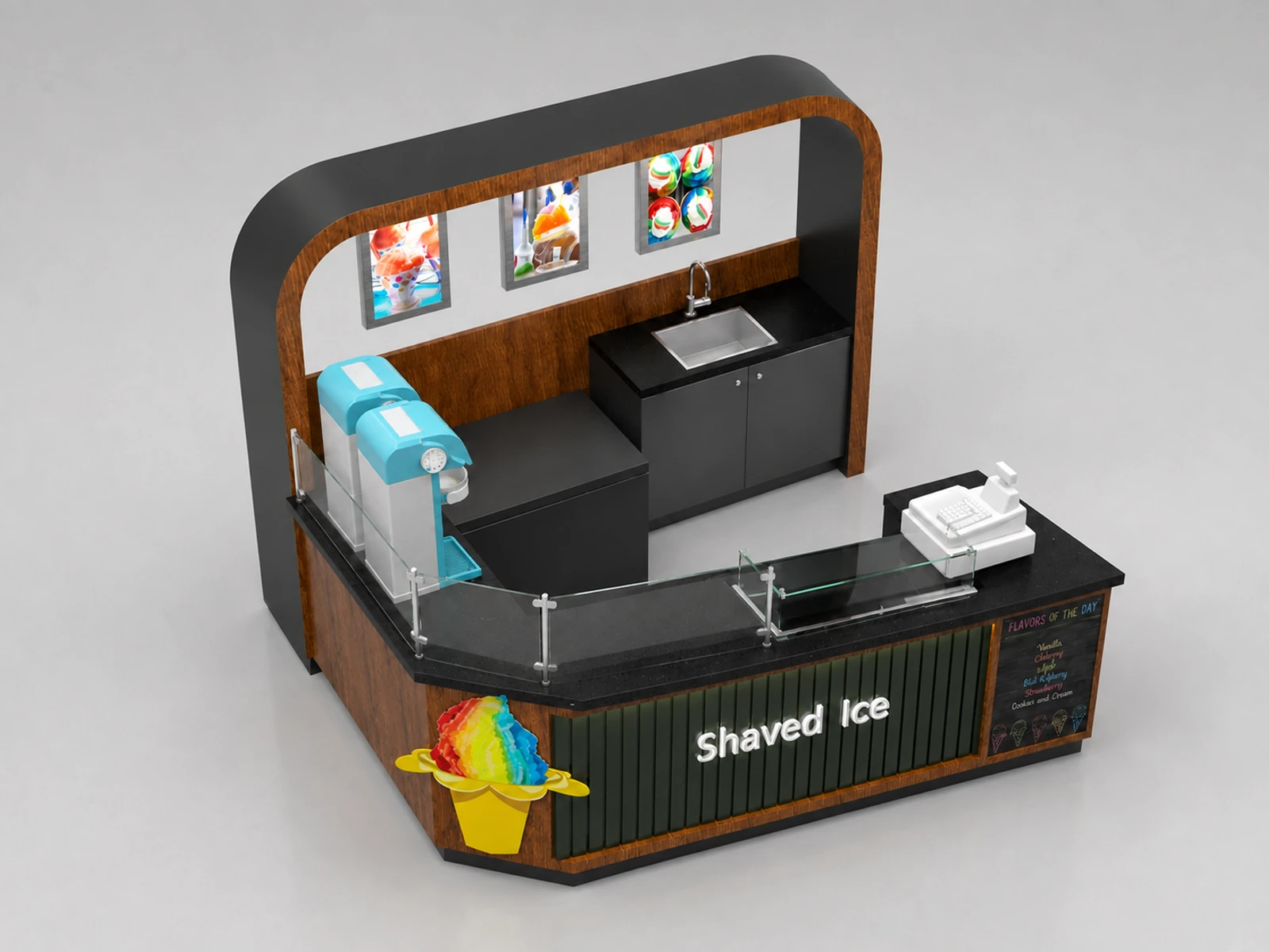 New arrival shaved ice cream kiosk smoothie booth opend in shopping center — elevated layout view