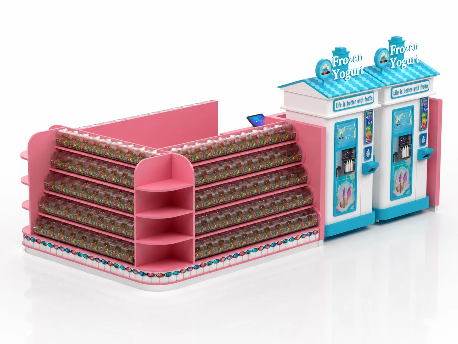 Pink candy display showcase with ice cream kiosks snack shop kiosk frozen Yogurt booth — overall kiosk design
