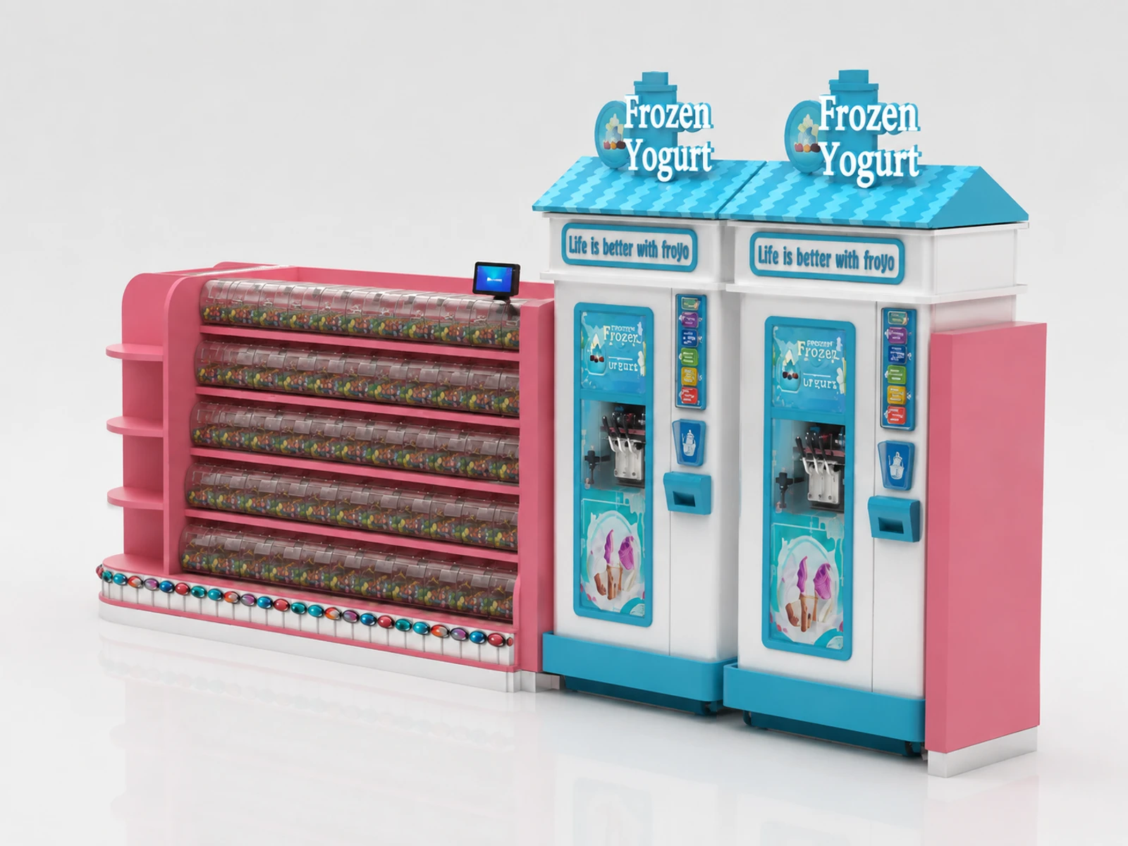 Pink candy display showcase with ice cream kiosks snack shop kiosk frozen Yogurt booth — alternate counter perspective