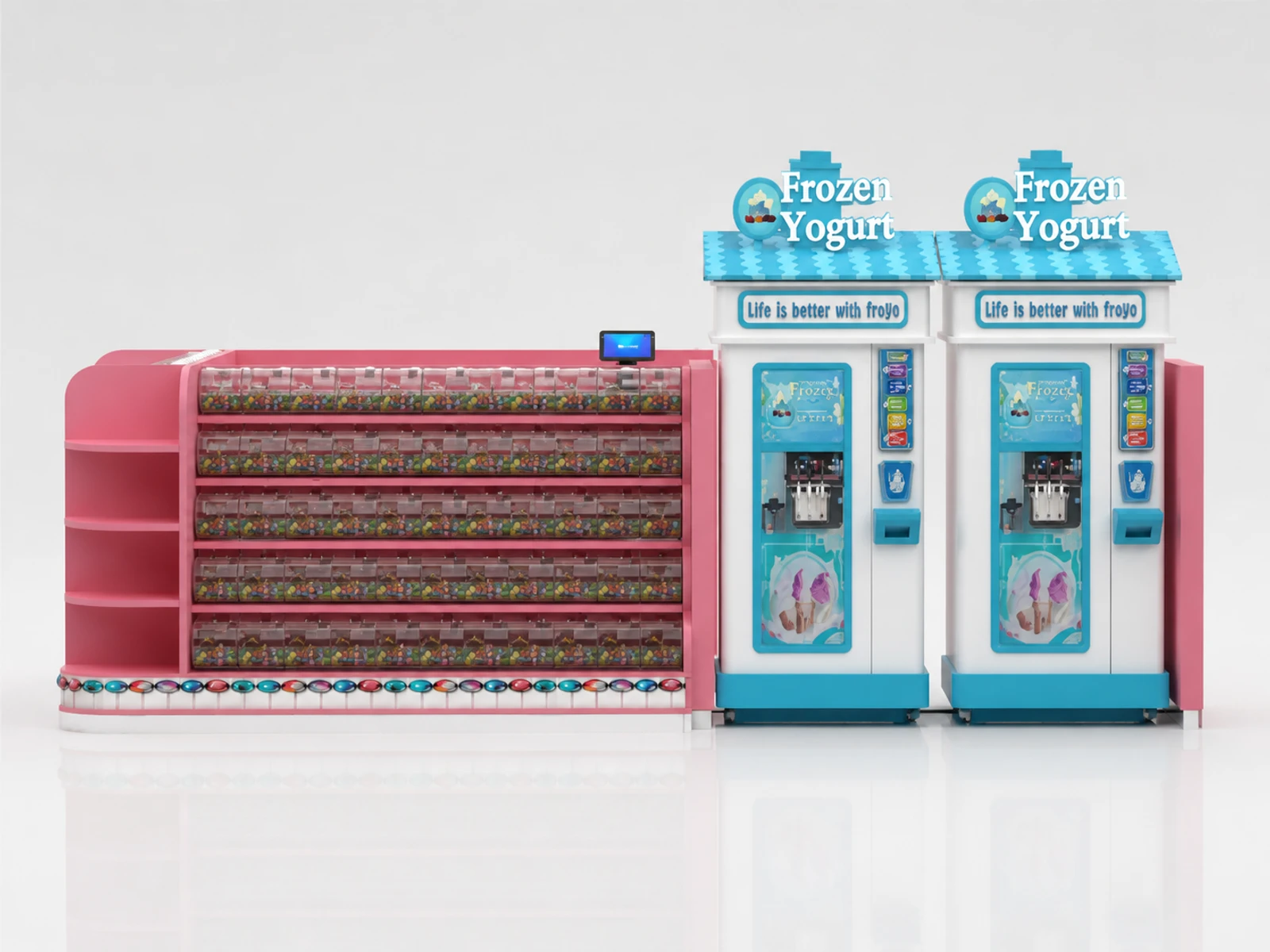 Pink candy display showcase with ice cream kiosks snack shop kiosk frozen Yogurt booth — additional service-side perspective