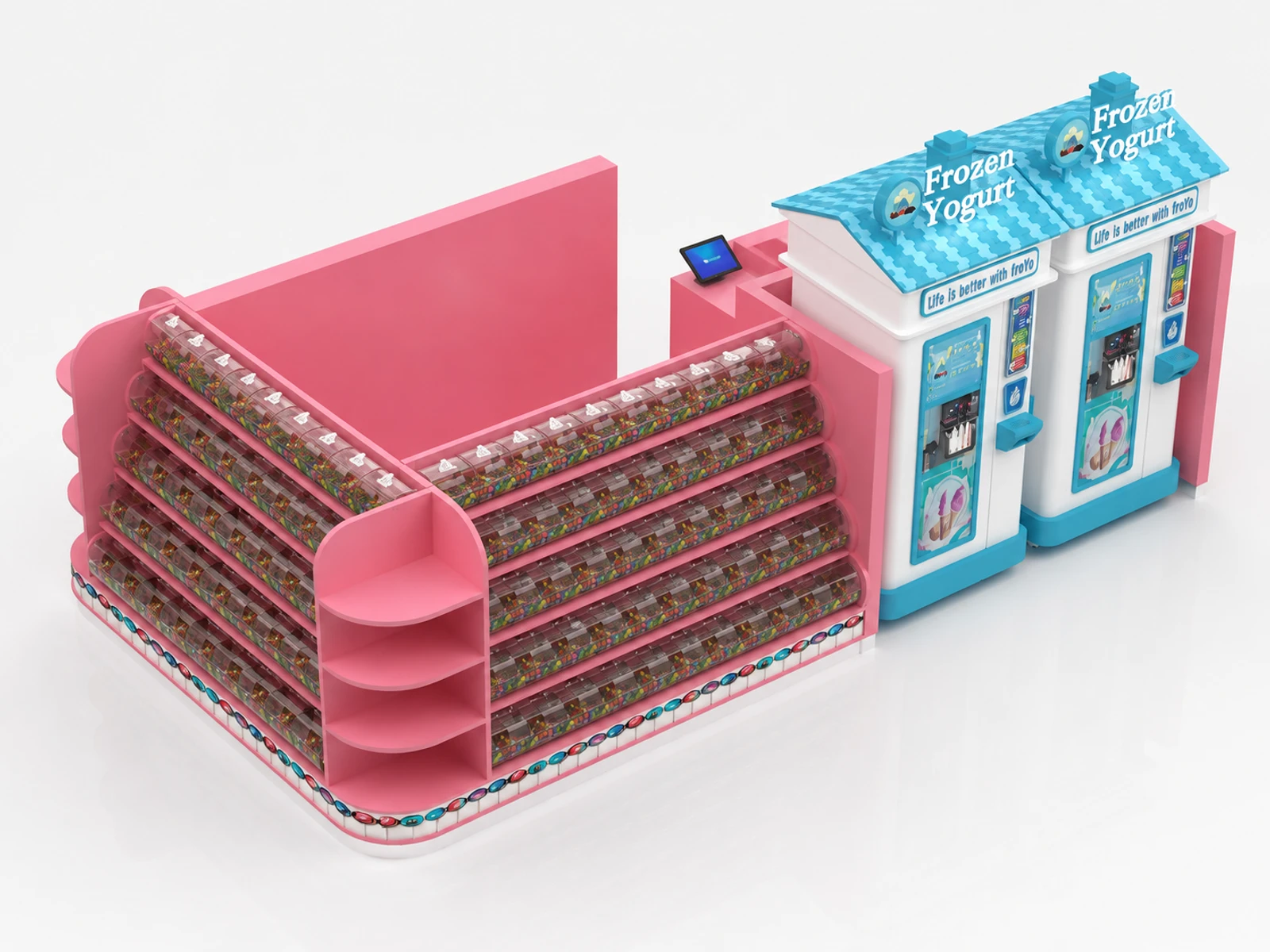 Pink candy display showcase with ice cream kiosks snack shop kiosk frozen Yogurt booth — elevated layout view