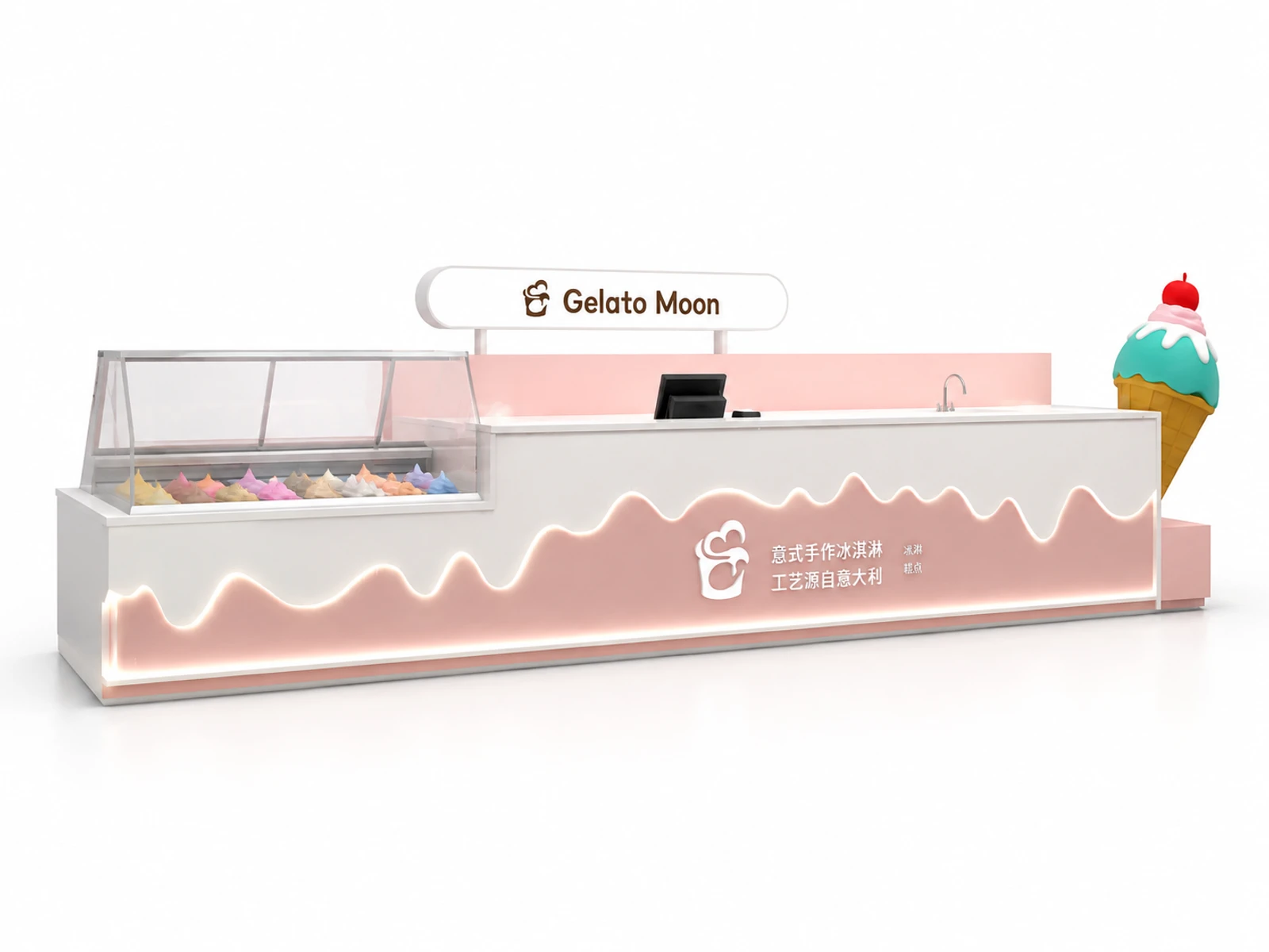 Pink High End Italian Gelato Mall Kiosk | Practical & Stylish Retail Stall — overall kiosk design
