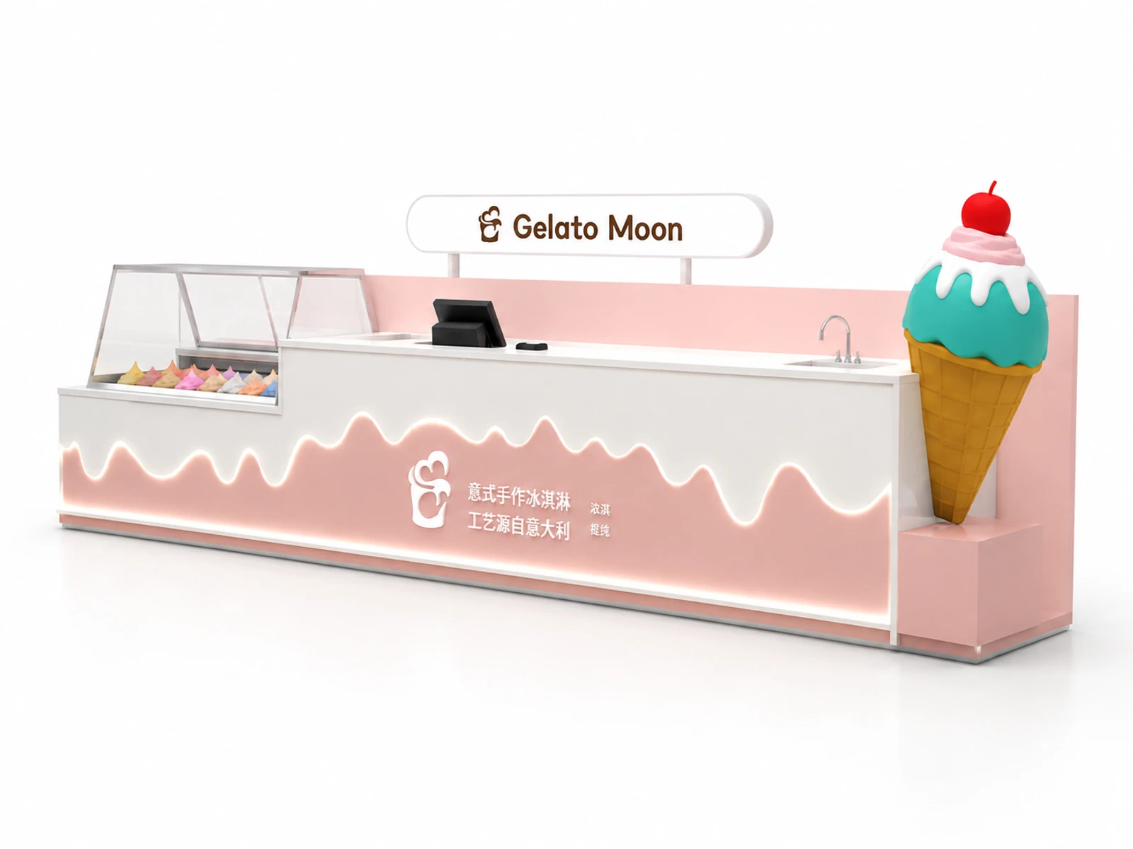 Pink High End Italian Gelato Mall Kiosk | Practical & Stylish Retail Stall — alternate counter perspective