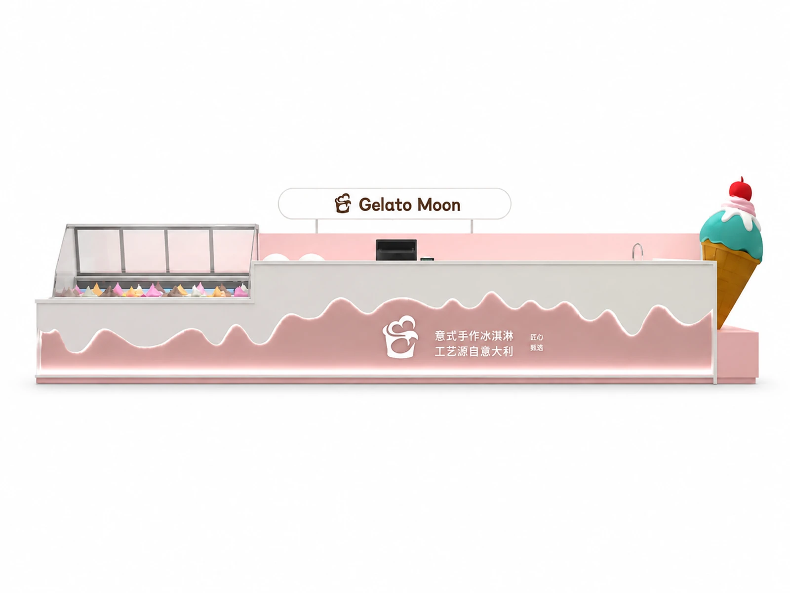 Pink High End Italian Gelato Mall Kiosk | Practical & Stylish Retail Stall — additional service-side perspective