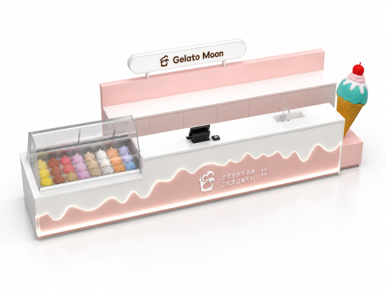 Pink High End Italian Gelato Mall Kiosk | Practical & Stylish Retail Stall — elevated layout view