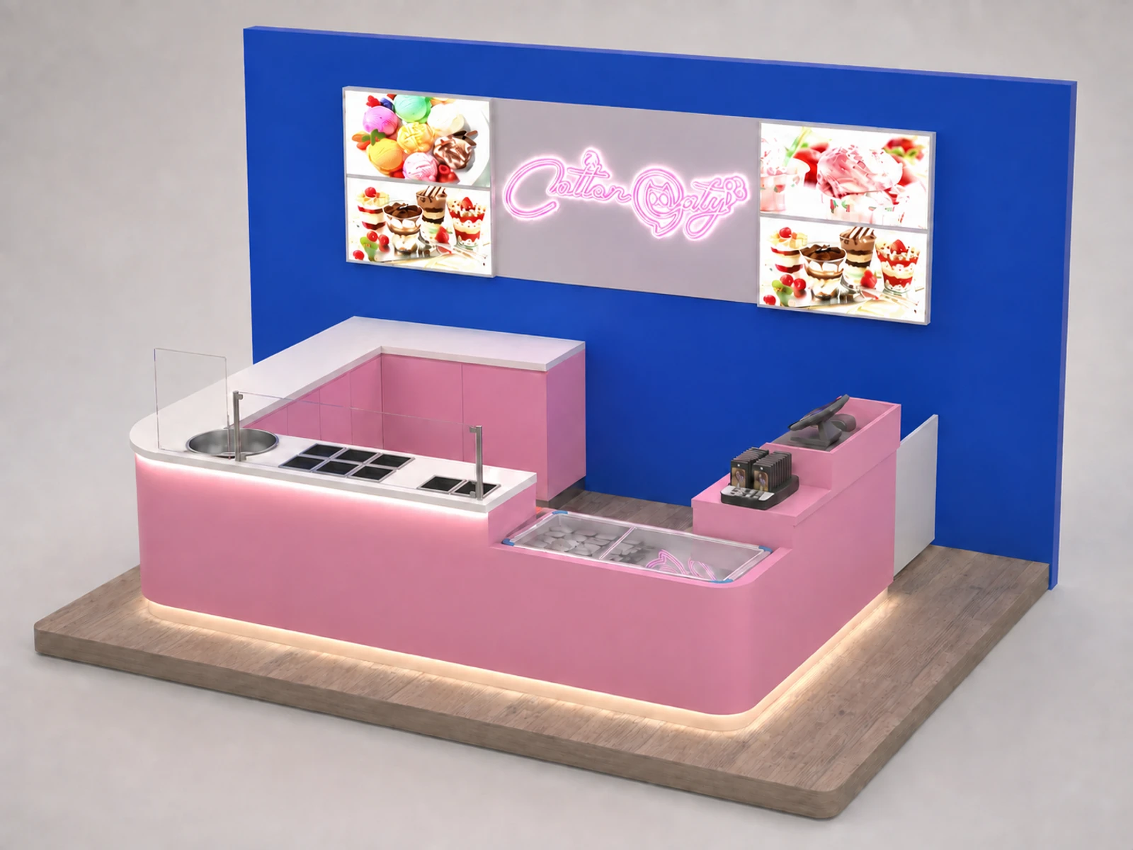 Pink Ice Cream Counter Retail Food Bar Design Ice Cream Display — overall kiosk design