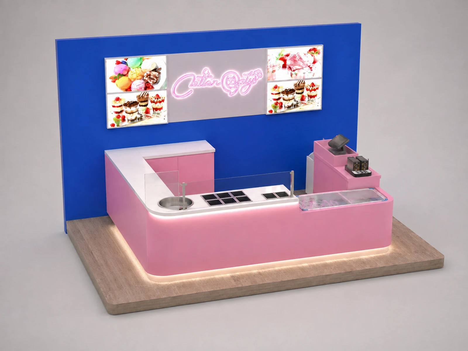 Pink Ice Cream Counter Retail Food Bar Design Ice Cream Display — alternate counter perspective