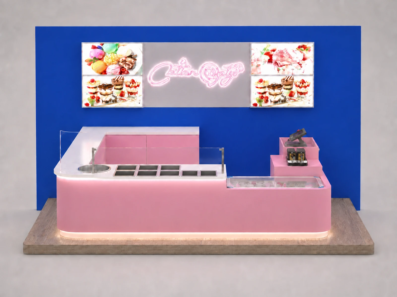 Pink Ice Cream Counter Retail Food Bar Design Ice Cream Display — additional service-side perspective