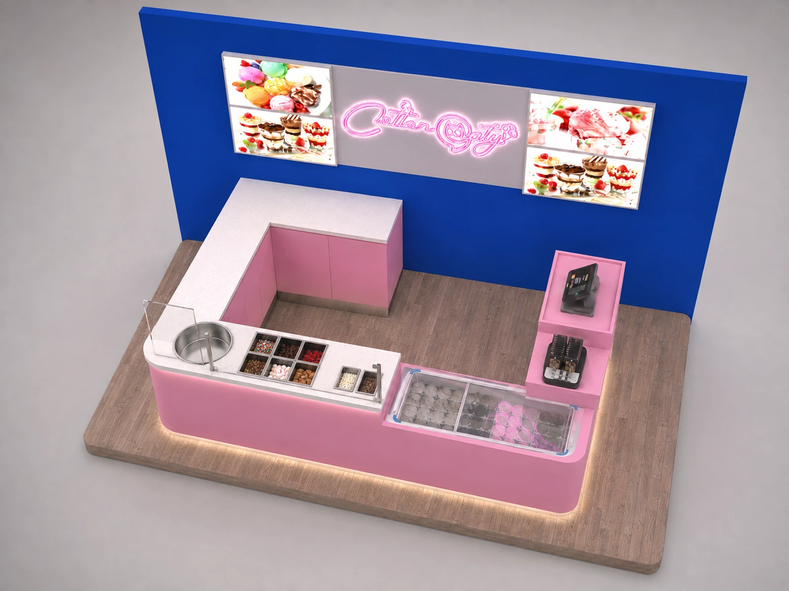 Pink Ice Cream Counter Retail Food Bar Design Ice Cream Display — elevated layout view