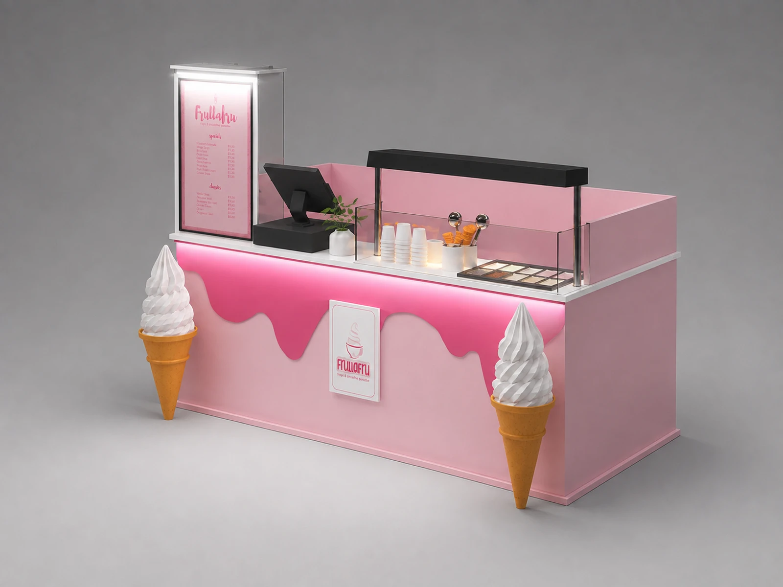 Pink Ice cream Kiosk Design Charming Ice Cream Booth Design for Shopping Mall on Sale — alternate counter perspective