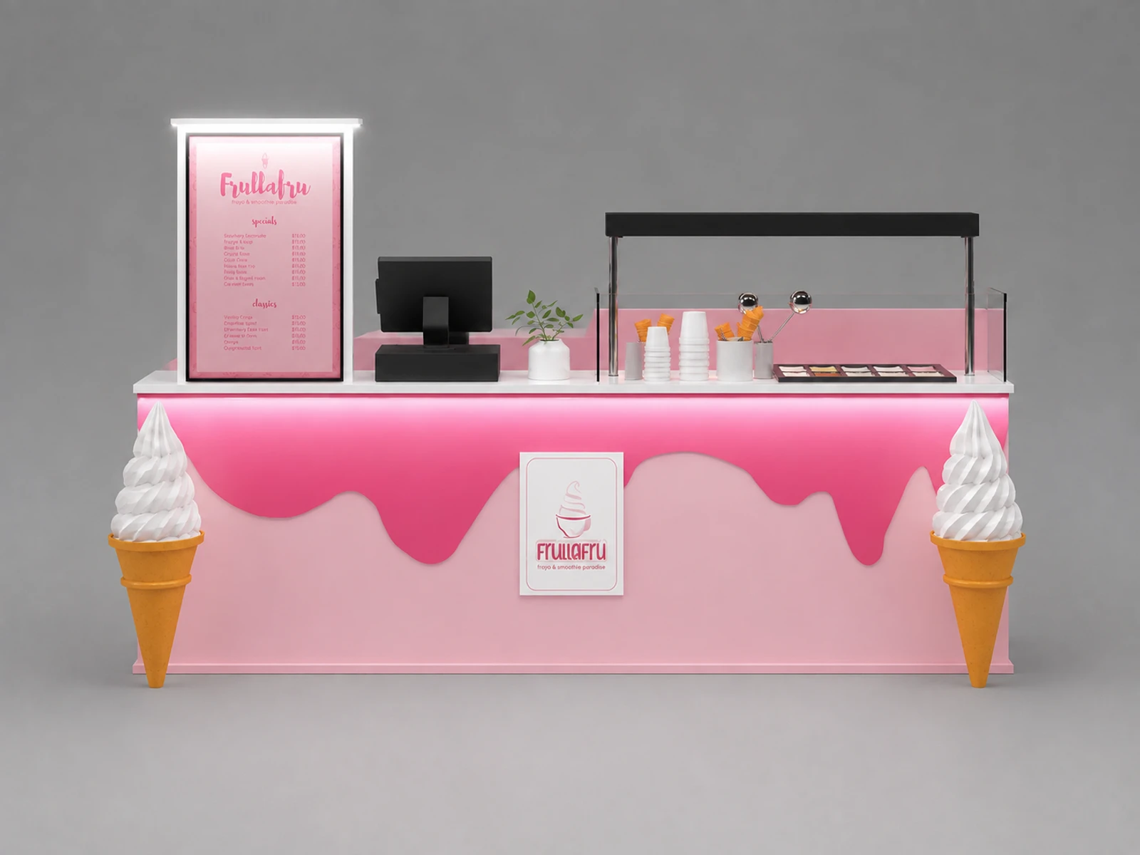 Pink Ice cream Kiosk Design Charming Ice Cream Booth Design for Shopping Mall on Sale — additional service-side perspective