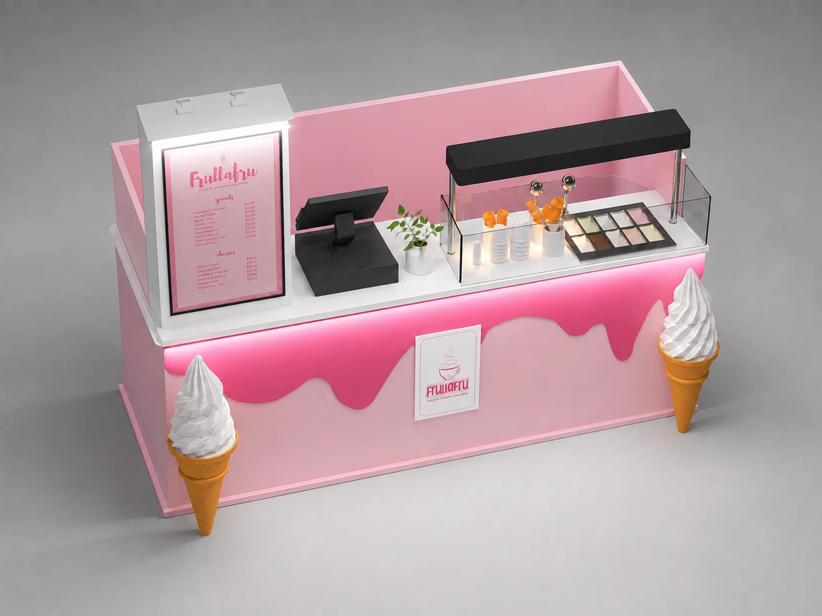Pink Ice cream Kiosk Design Charming Ice Cream Booth Design for Shopping Mall on Sale — elevated layout view
