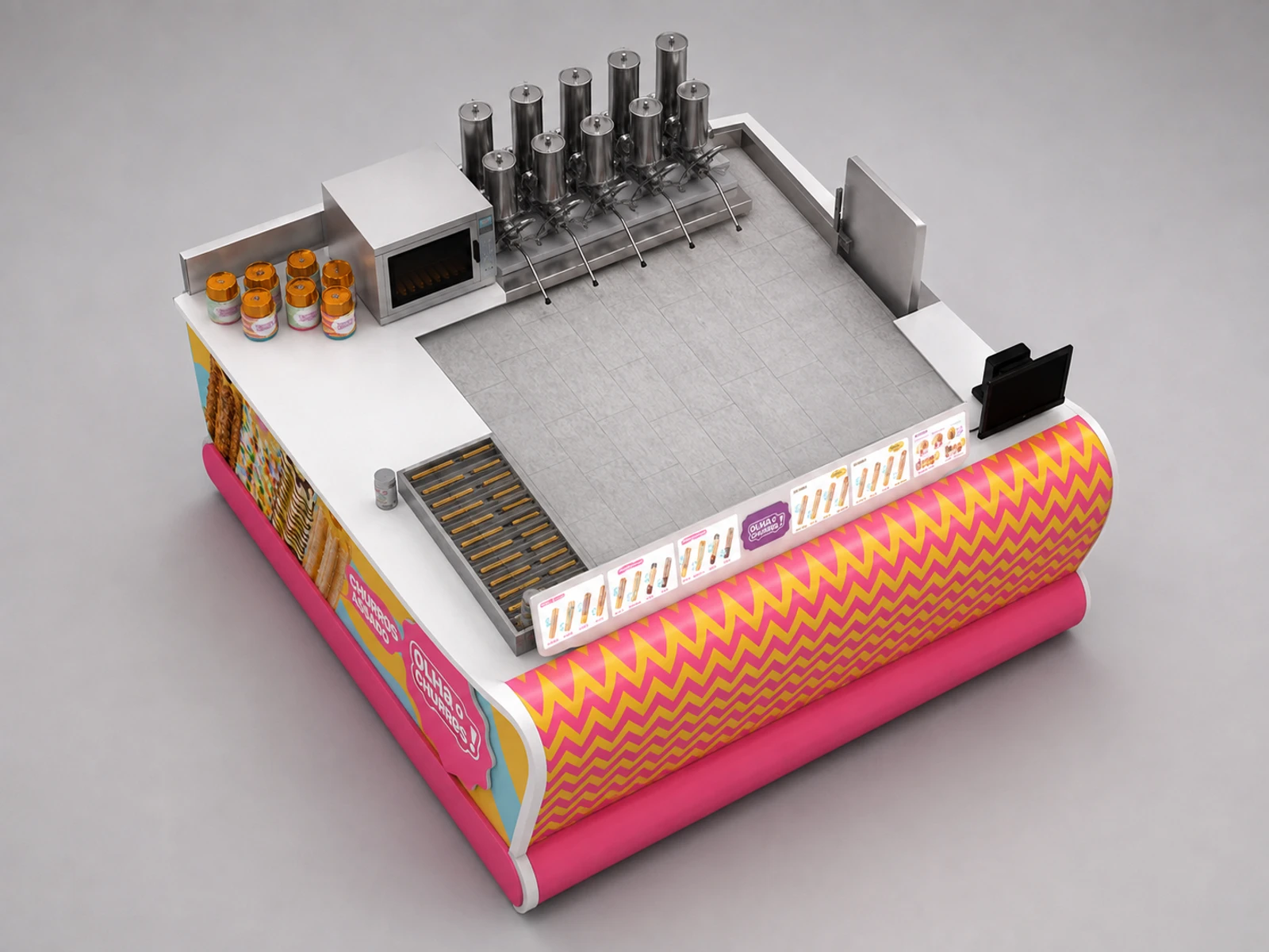 Pink ice cream kiosk frozen yogurt booth baking paint bubble tea shop furniture — elevated layout view