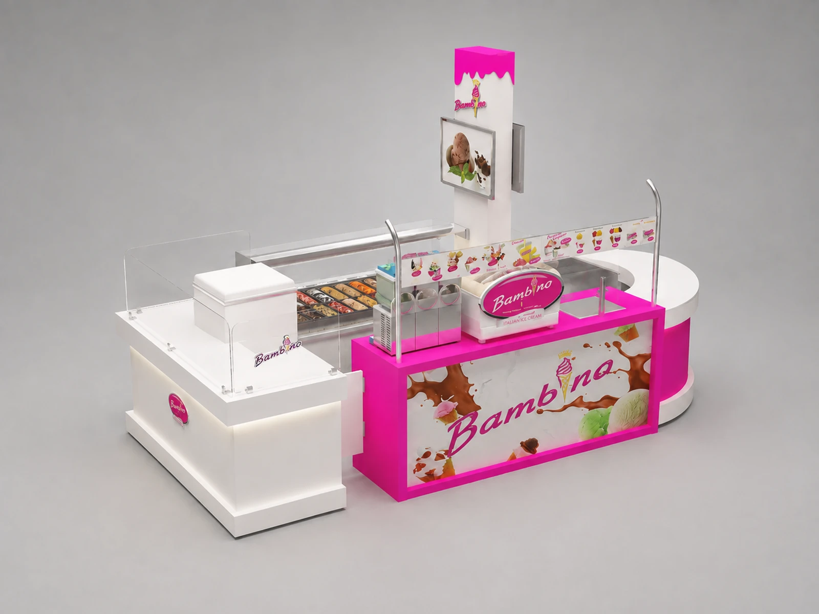 Pink Ice Cream Kiosk Retail Mall Gelato Display Counter Retro Ice Cream Bar — overall kiosk design