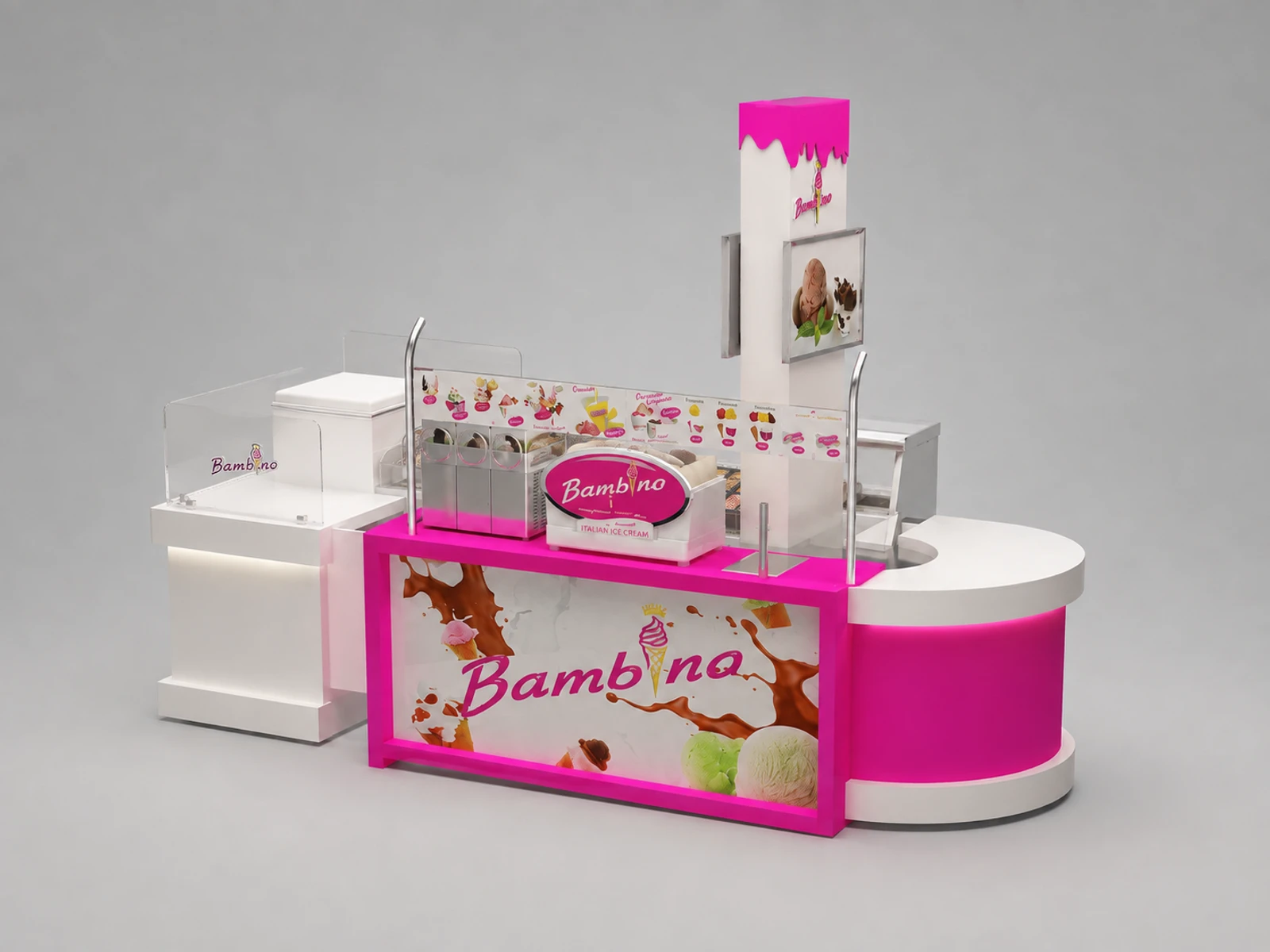 Pink Ice Cream Kiosk Retail Mall Gelato Display Counter Retro Ice Cream Bar — alternate counter perspective