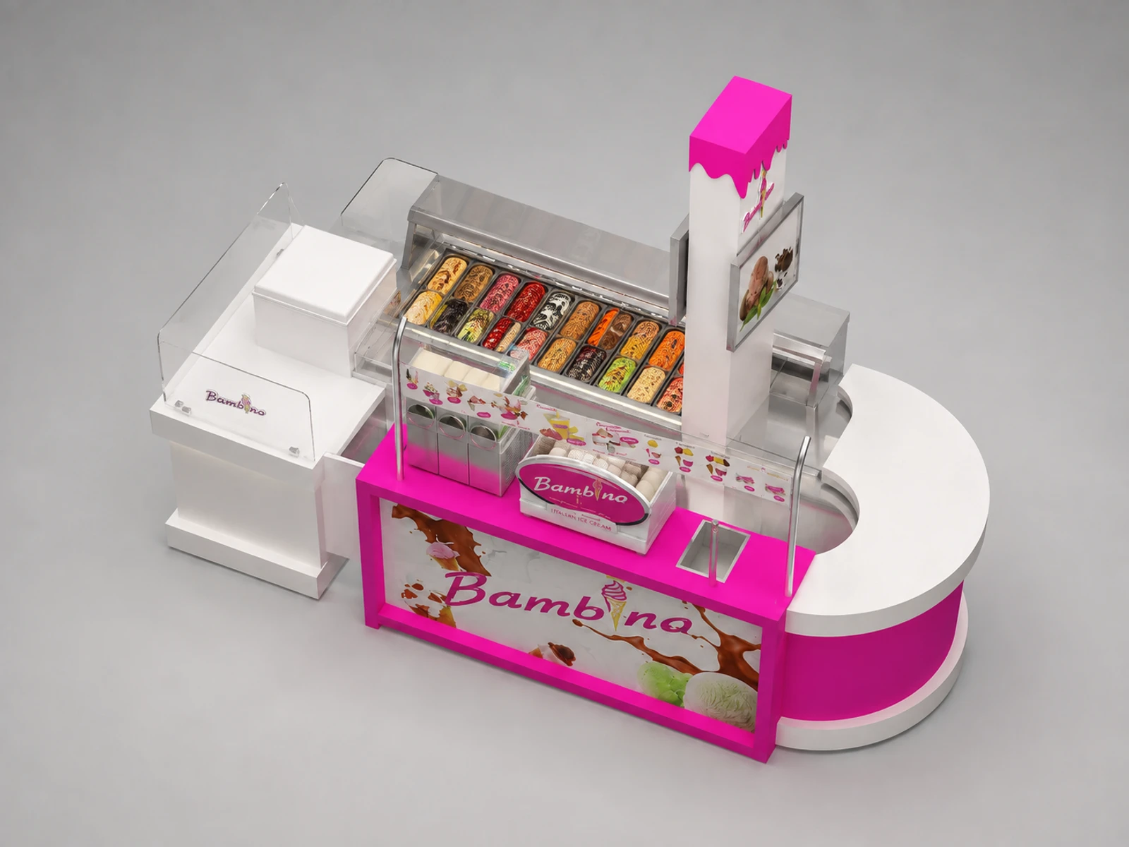 Pink Ice Cream Kiosk Retail Mall Gelato Display Counter Retro Ice Cream Bar — elevated layout view