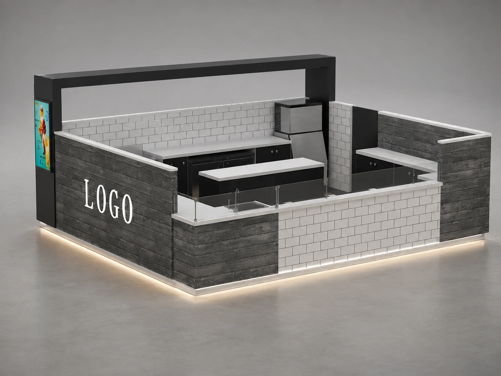 Popular design roll up ice cream kiosk & frozen yogurt booth | Portable coffee bar counter cabinet in mall — overall kiosk design