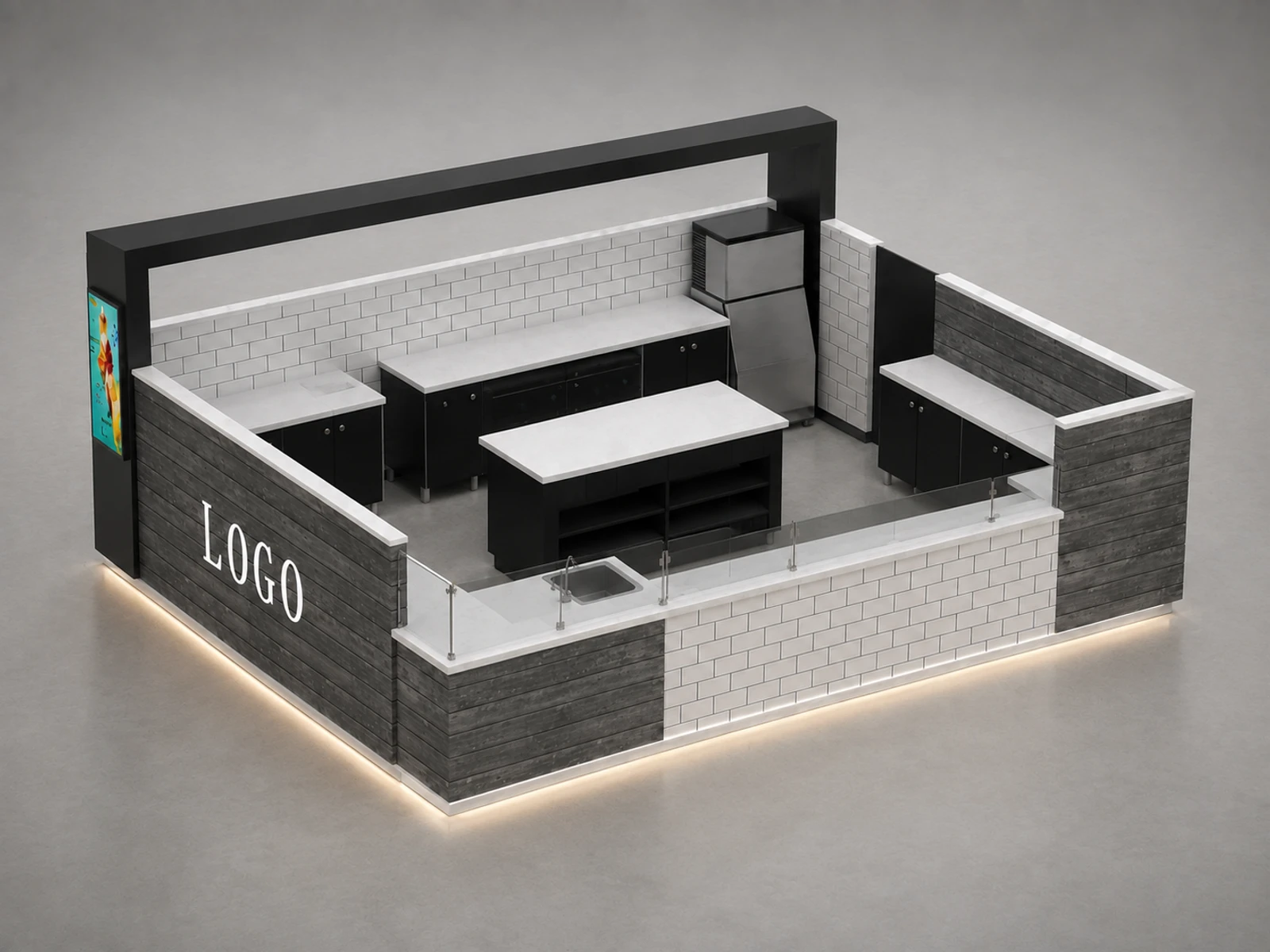 Popular design roll up ice cream kiosk & frozen yogurt booth | Portable coffee bar counter cabinet in mall — elevated layout view