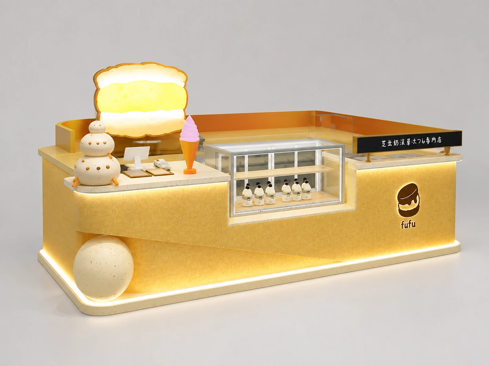 Beige ice cream kiosk with a full rear service wall, front gelato display and menu panel