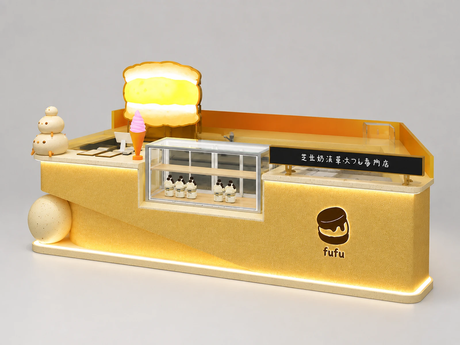 Premium Golden Fluted Ice Cream Dessert Kiosk with LED Light & Display Case — additional service-side perspective