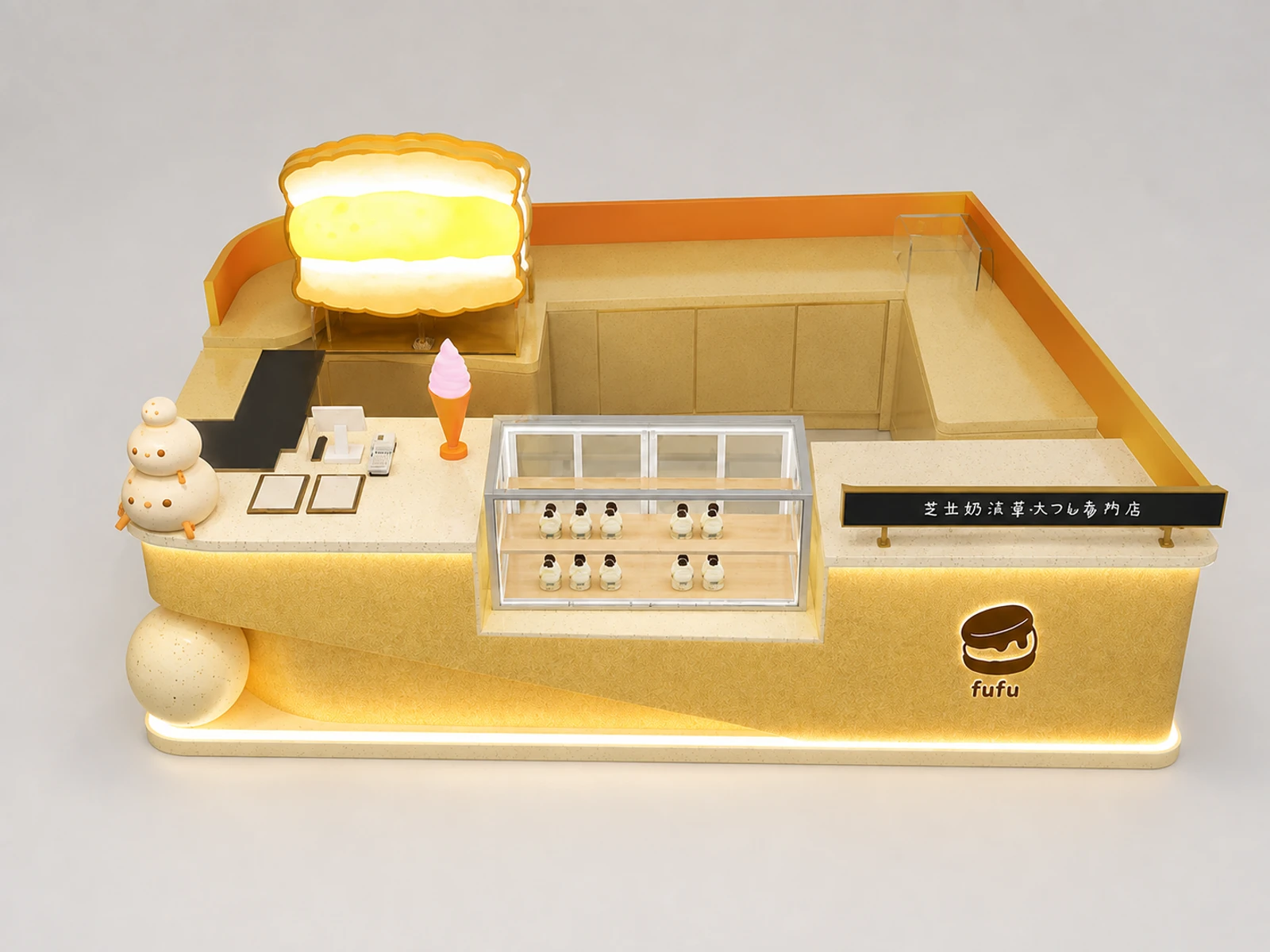 Premium Golden Fluted Ice Cream Dessert Kiosk with LED Light & Display Case — elevated layout view