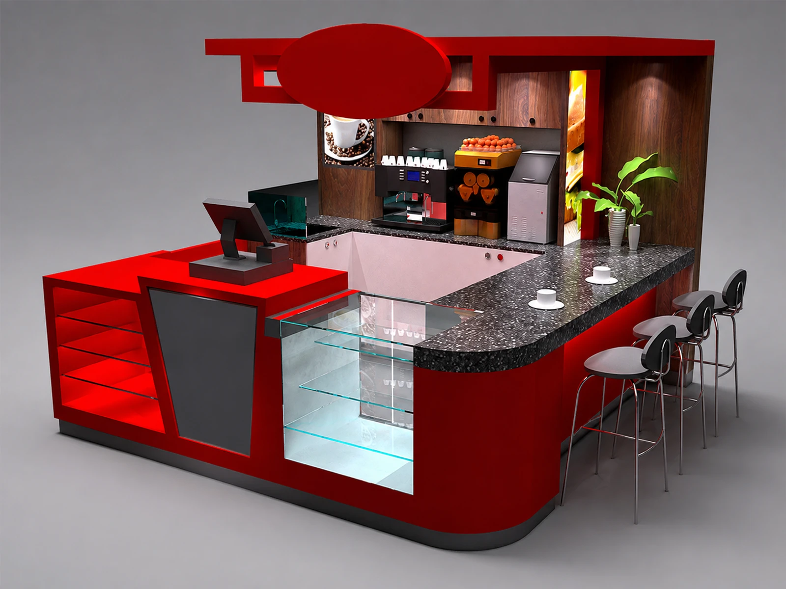 Red coffee bar kiosk used in mall bubble tea kiosk for sales — overall kiosk design