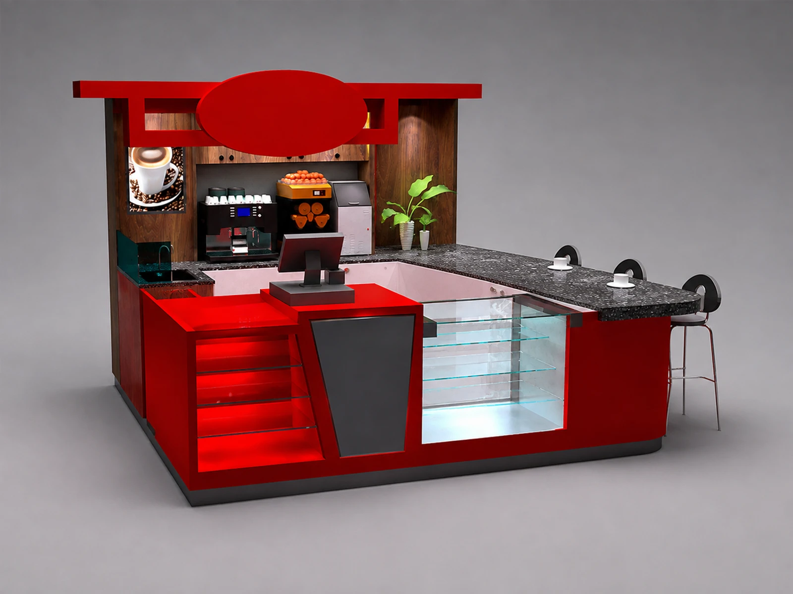 Red coffee bar kiosk used in mall bubble tea kiosk for sales — alternate counter perspective